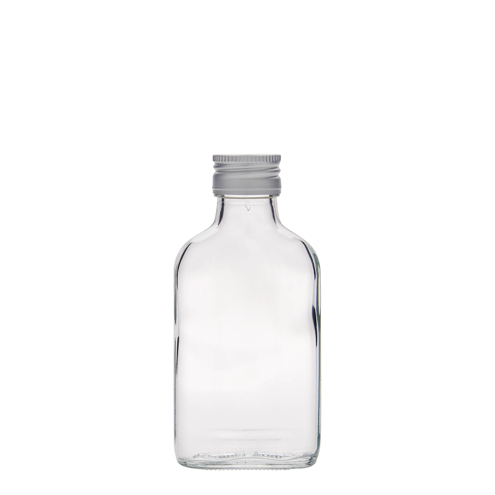 Botella de bolsillo de 100 ml, rectangular, vidrio, boca: PP 28 Botella de bolsillo de 100 ml, rectangular, vidrio, boca: PP 28