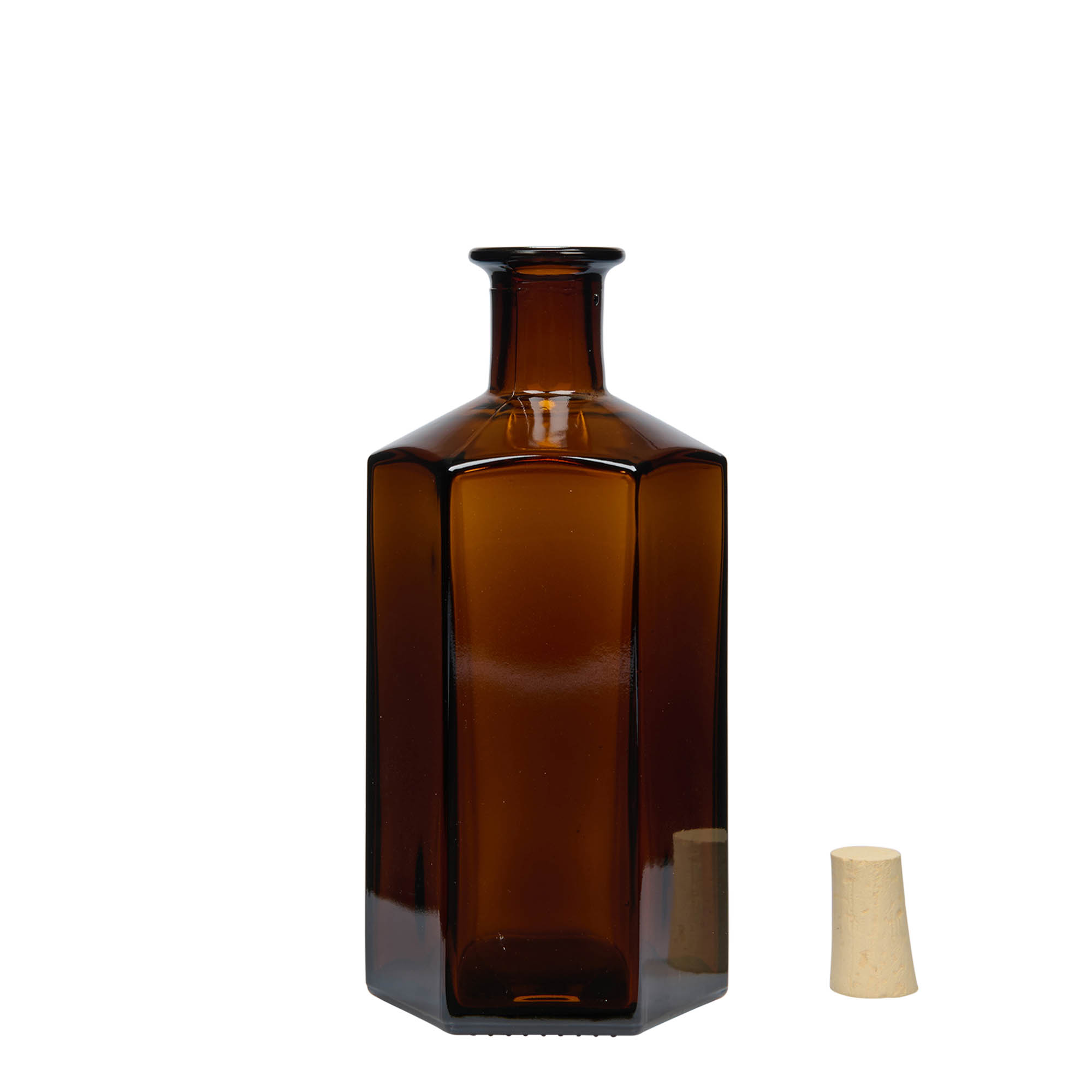 Botella de vidrio de 500 ml Farmacéutico 'Jimmy', hexagonal, marrón, boca: corcho Botella de vidrio de 500 ml Farmacéutico 'Jimmy', hexagonal, marrón, boca: corcho