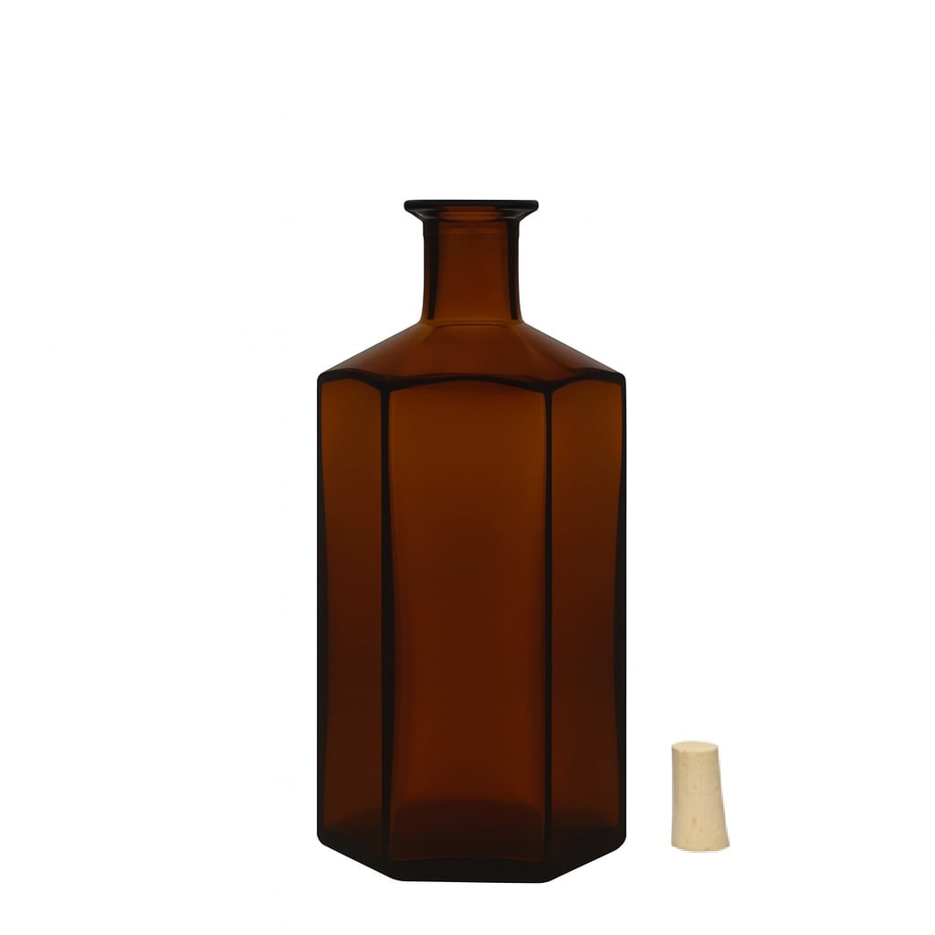 Botella de vidrio de 500 ml Farmacéutico 'Jimmy', hexagonal, marrón, boca: corcho