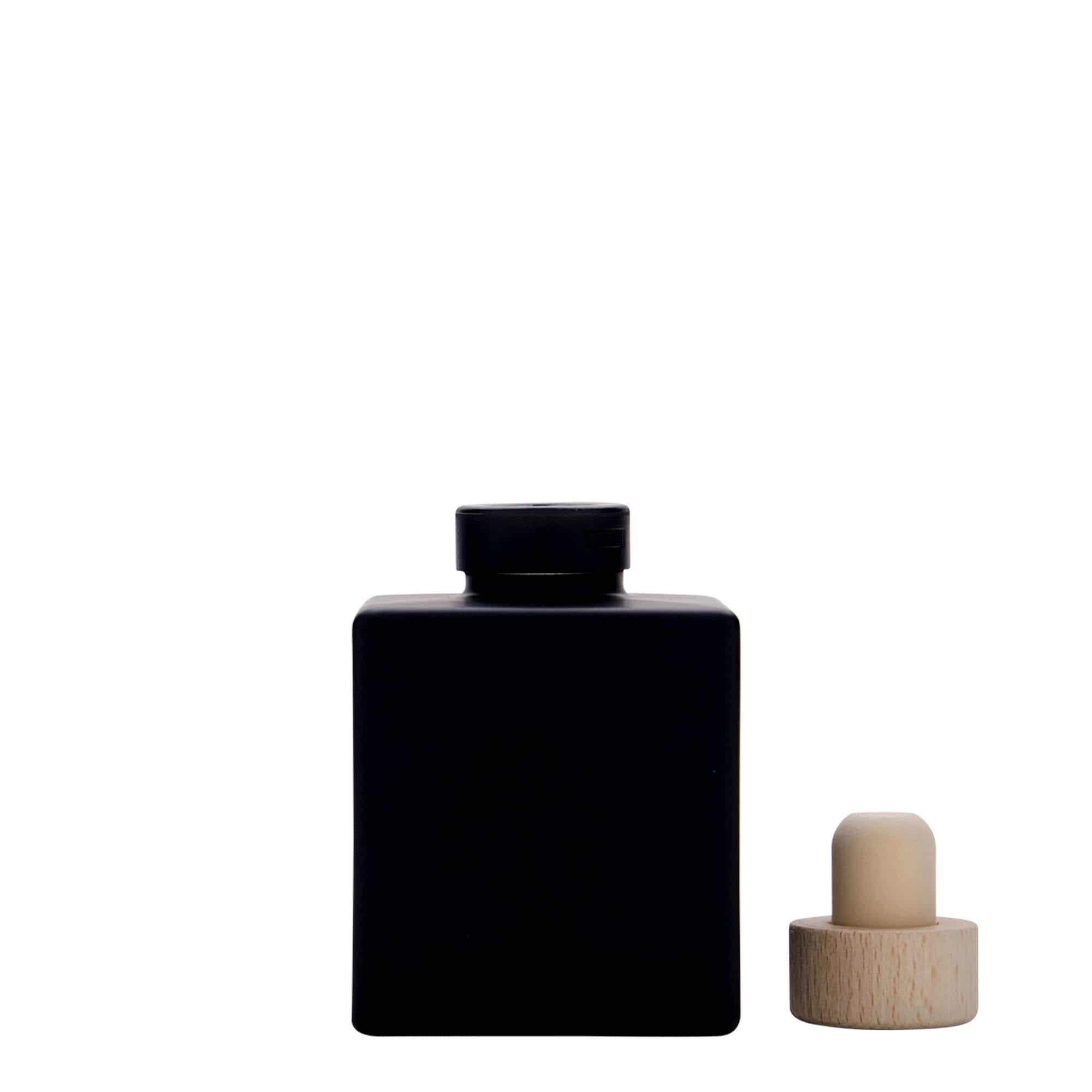 Botella de vidrio de 100 ml 'Cube', cuadrada, negra, boca: corcho
