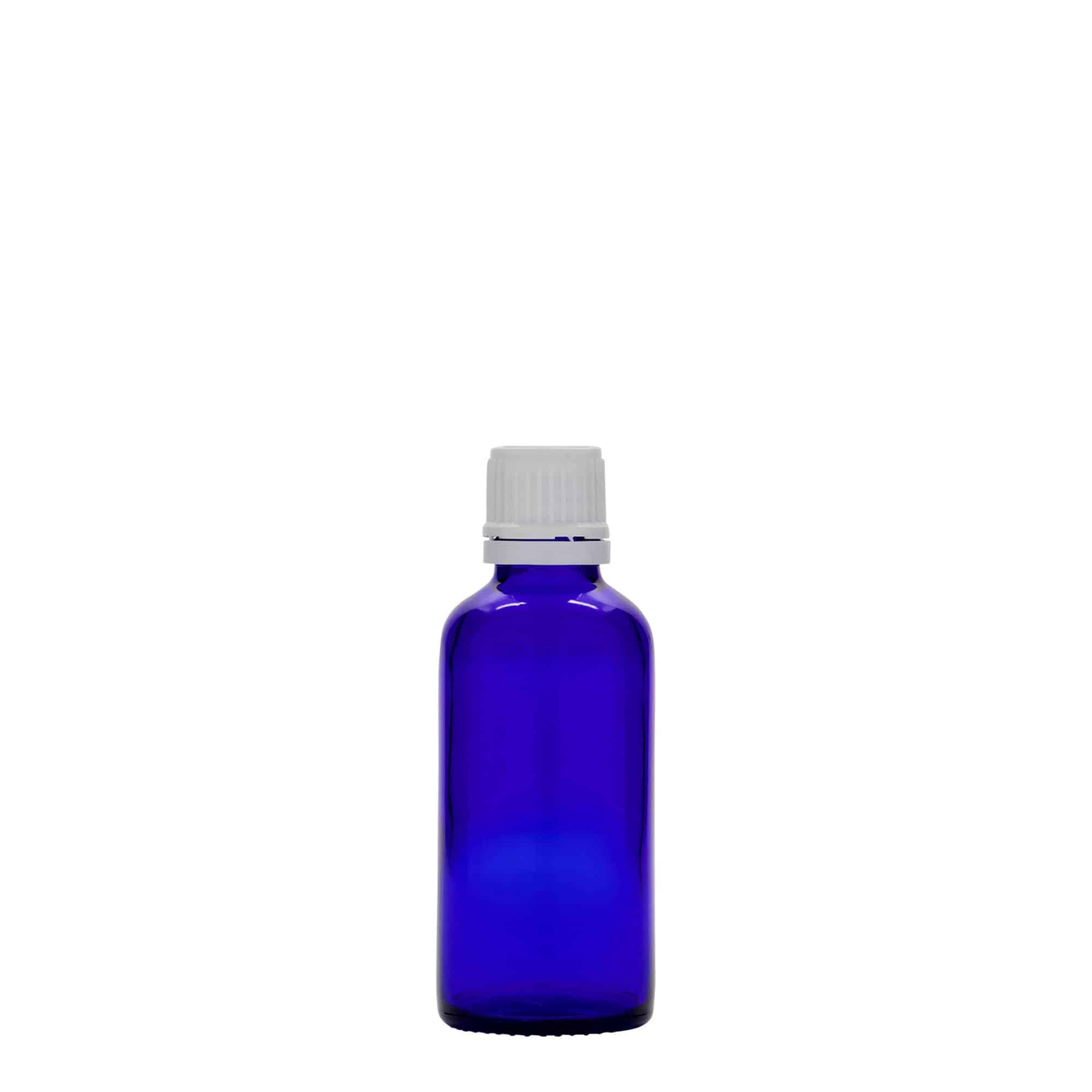 Botella médica de 50 ml, vidrio, azul real, boca: DIN 18