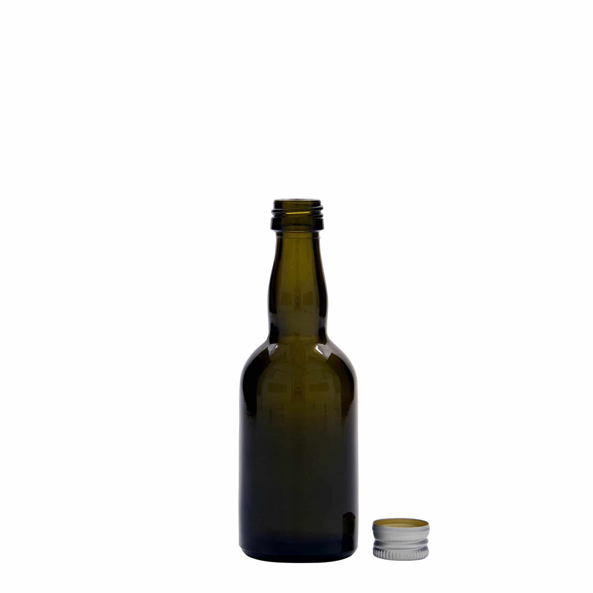 Botella de vidrio de 50 ml 'Proba', verde antiguo, boca: PP 18