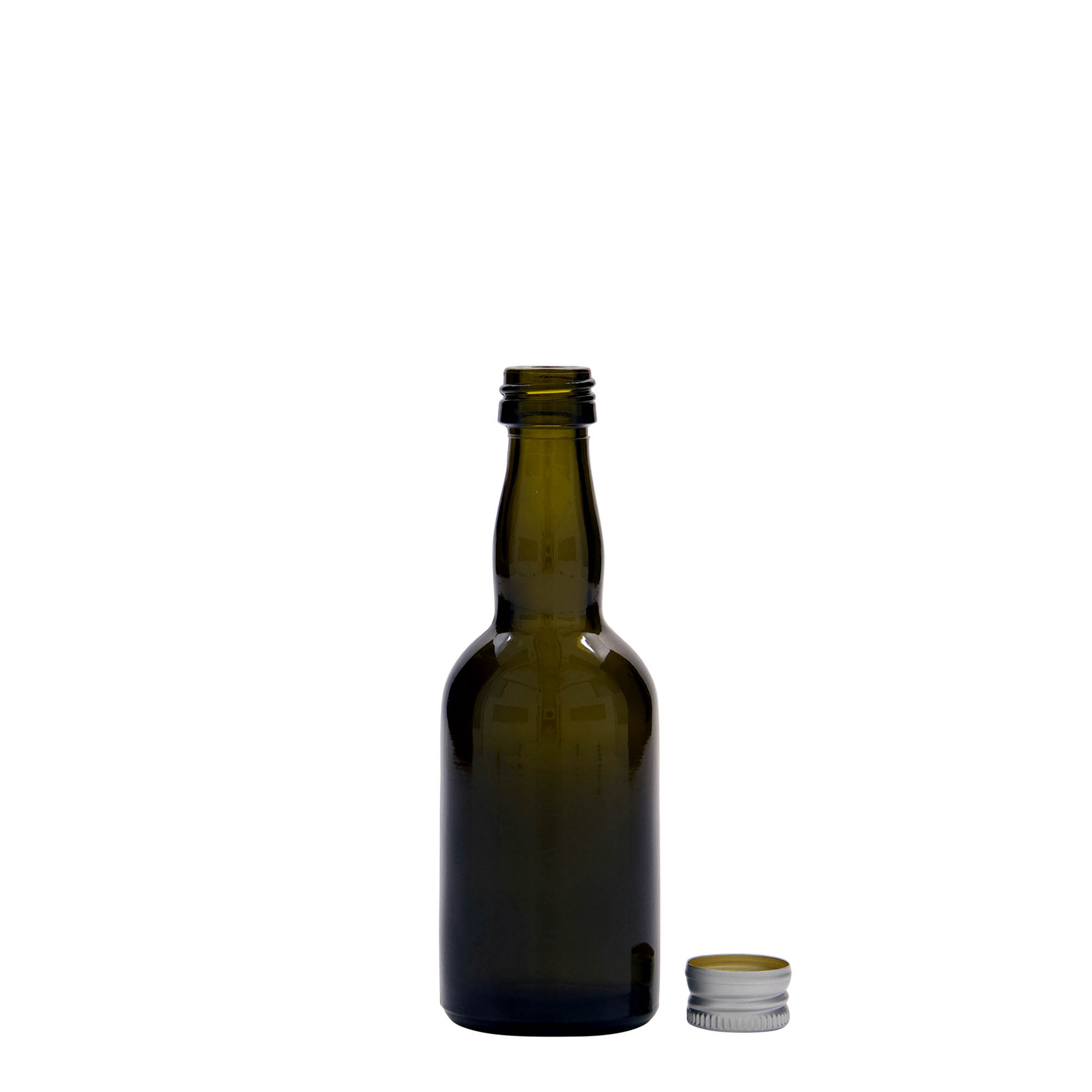 Botella de vidrio de 50 ml 'Proba', verde antiguo, boca: PP 18 Botella de vidrio de 50 ml 'Proba', verde antiguo, boca: PP 18