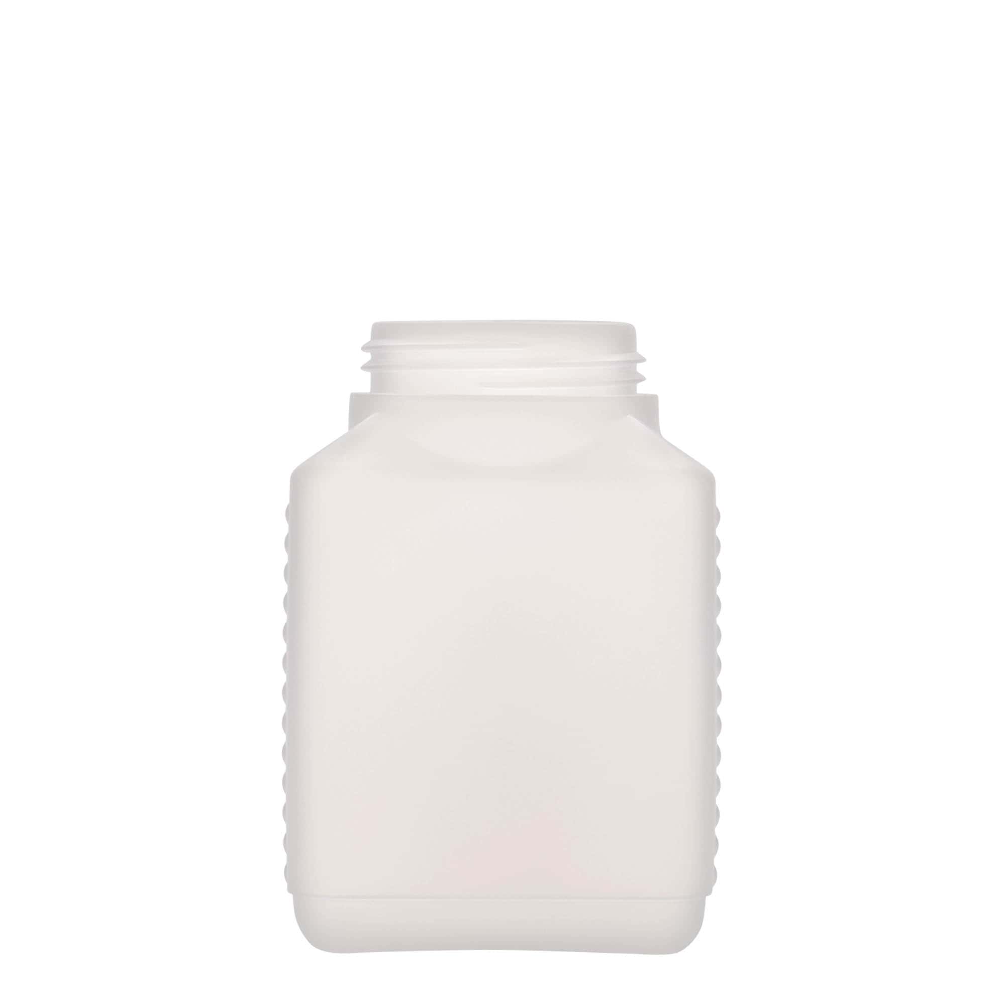 Botella de cuello ancho de 500 ml, rectangular, plástico de HDPE, natural, boca: DIN 60 EPE Botella de cuello ancho de 500 ml, rectangular, plástico de HDPE, natural, boca: DIN 60 EPE
