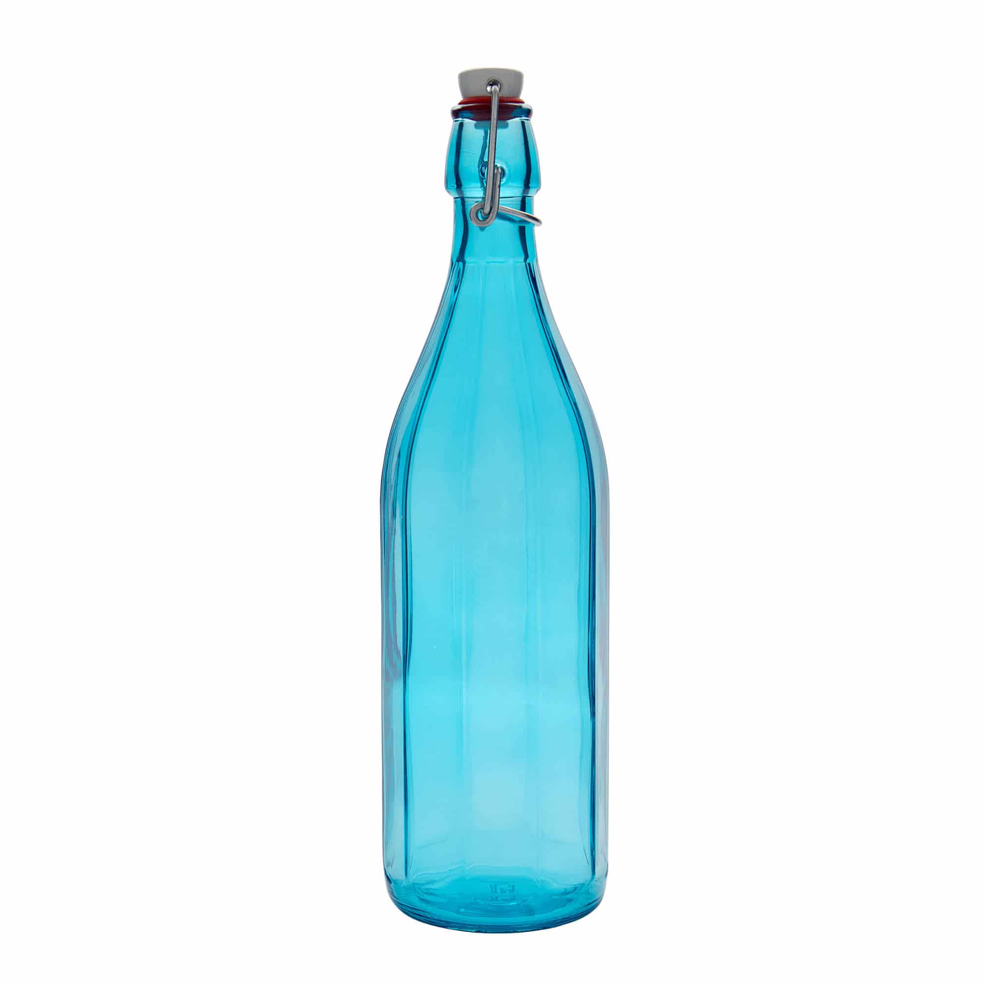 Botella de vidrio 'Oxford' de 1000 ml, decagonal, azul celeste, boca: tapón mecánico