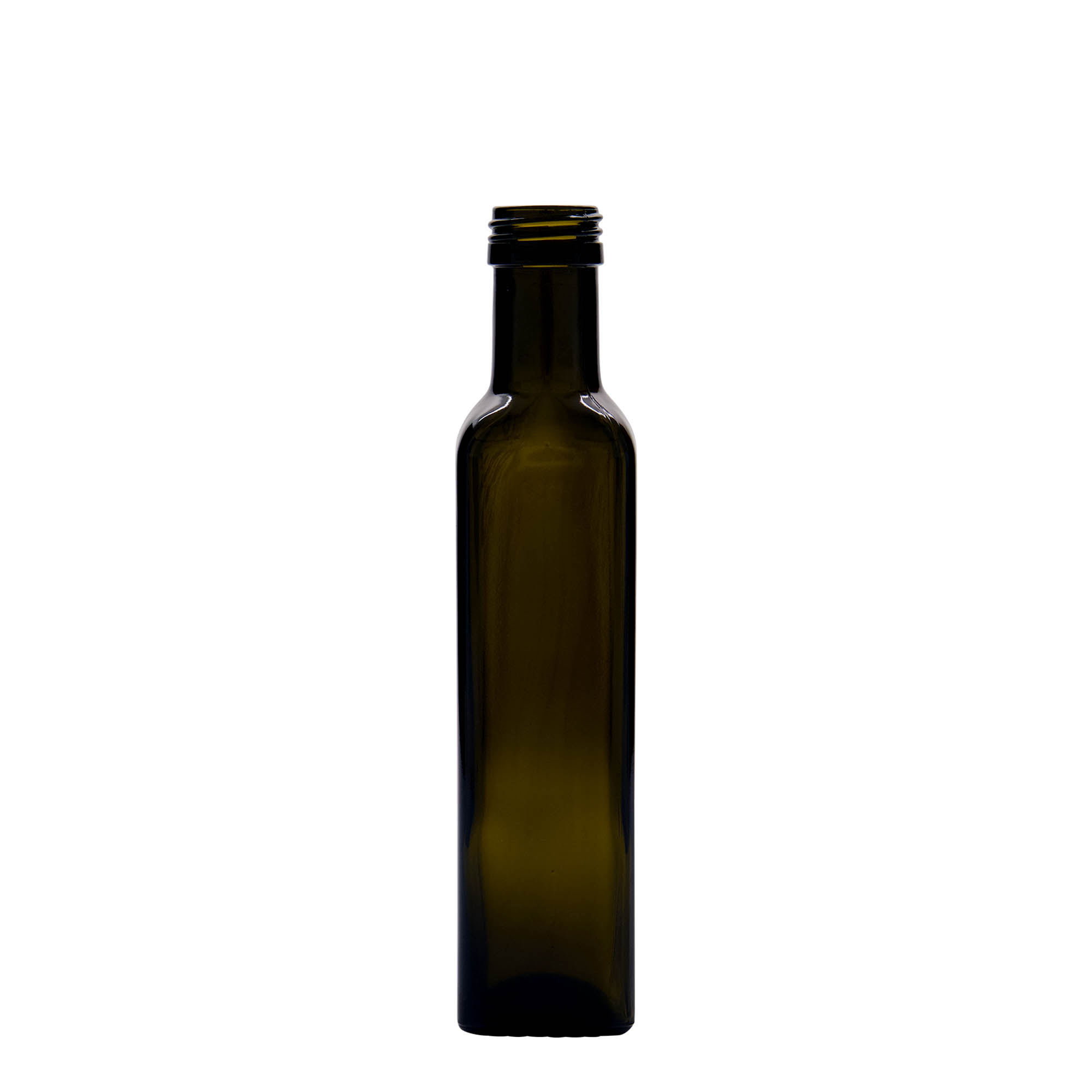 Botella de vidrio de 250 ml 'Marasca', cuadrada, verde antiguo, boca: PP 31,5 Botella de vidrio de 250 ml 'Marasca', cuadrada, verde antiguo, boca: PP 31,5