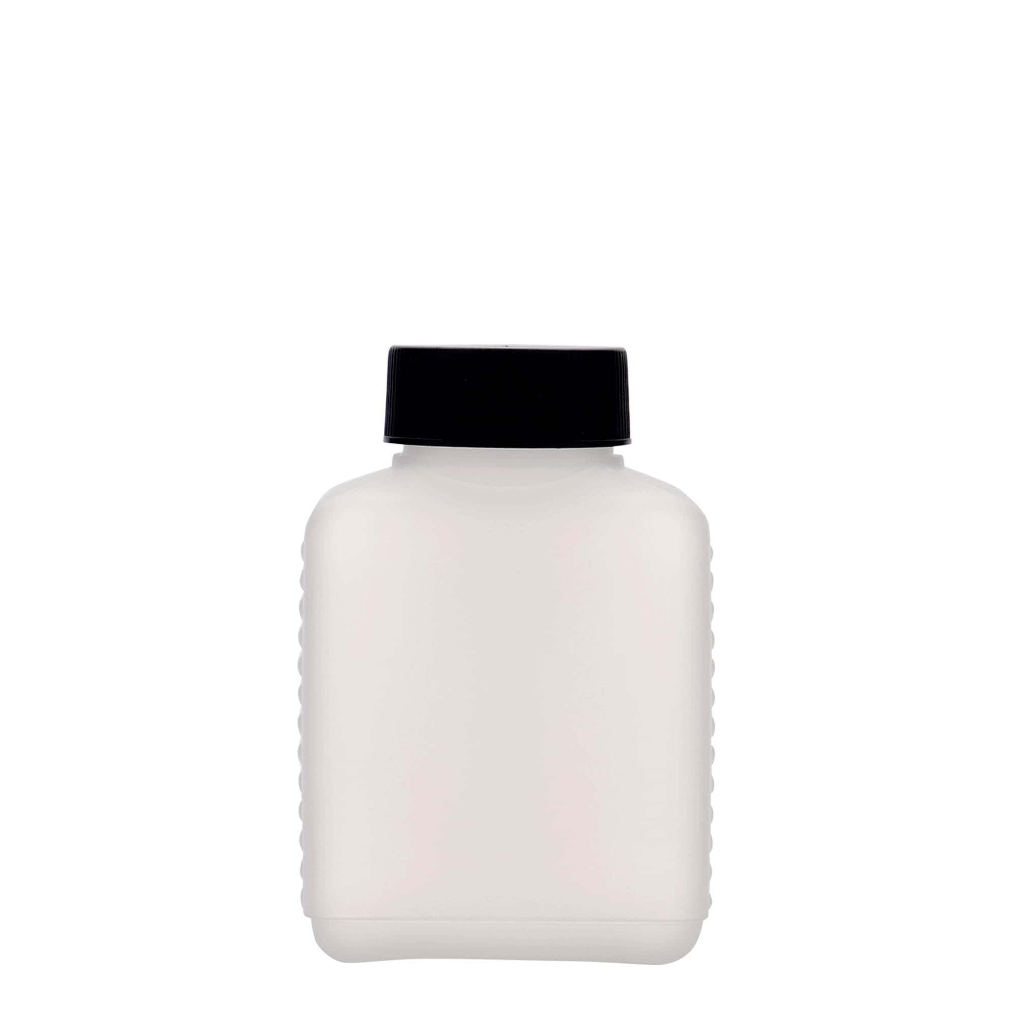 Botella de cuello ancho de 250 ml, rectangular, plástico de HDPE, natural, boca: DIN 40 EPE
