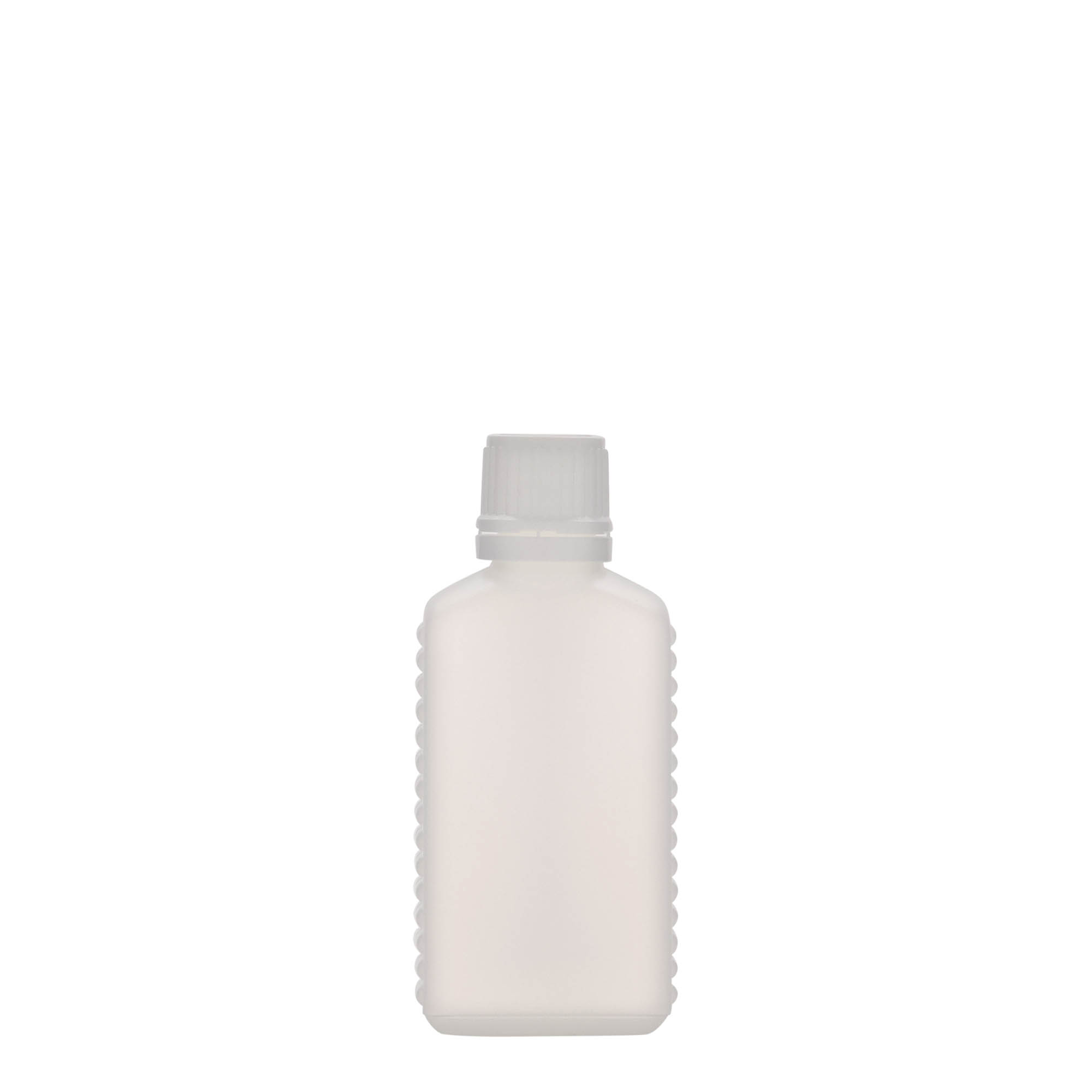 Botella de bidón de 50 ml, cuello estrecho, rectangular, plástico HDPE, natural, boca: DIN 18