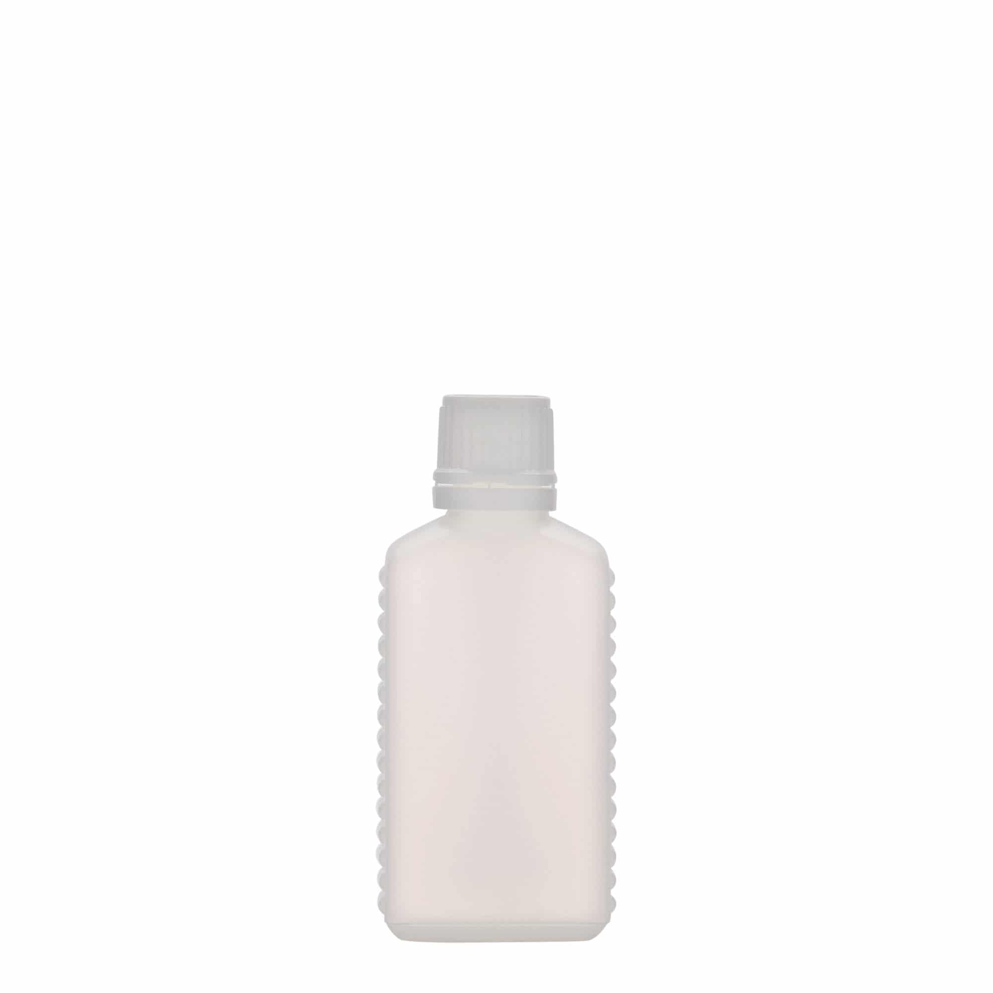 Botella de bidón de 50 ml, cuello estrecho, rectangular, plástico HDPE, natural, boca: DIN 18