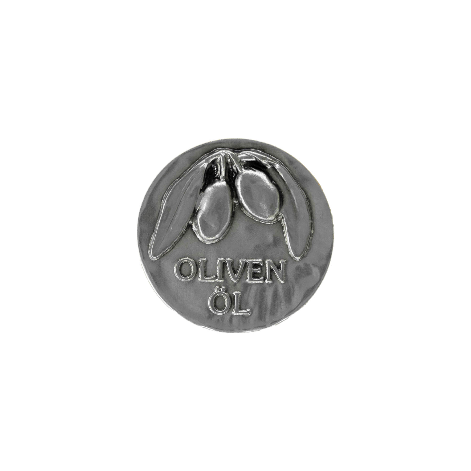 Etiqueta de estaño 'Aceite de oliva', metal, plateado Etiqueta de estaño 'Aceite de oliva', metal, plateado