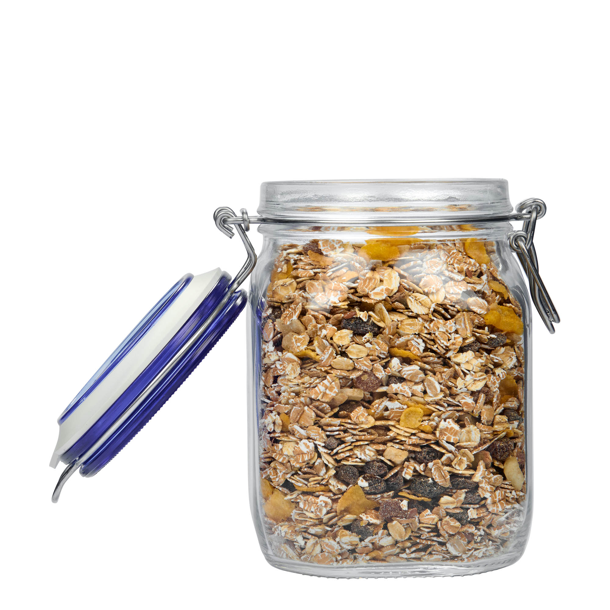 1.000 ml tarro de vidrio con cierre de alambre 'Fido' tapa azul, cuadrado, boca: cierre con alambre