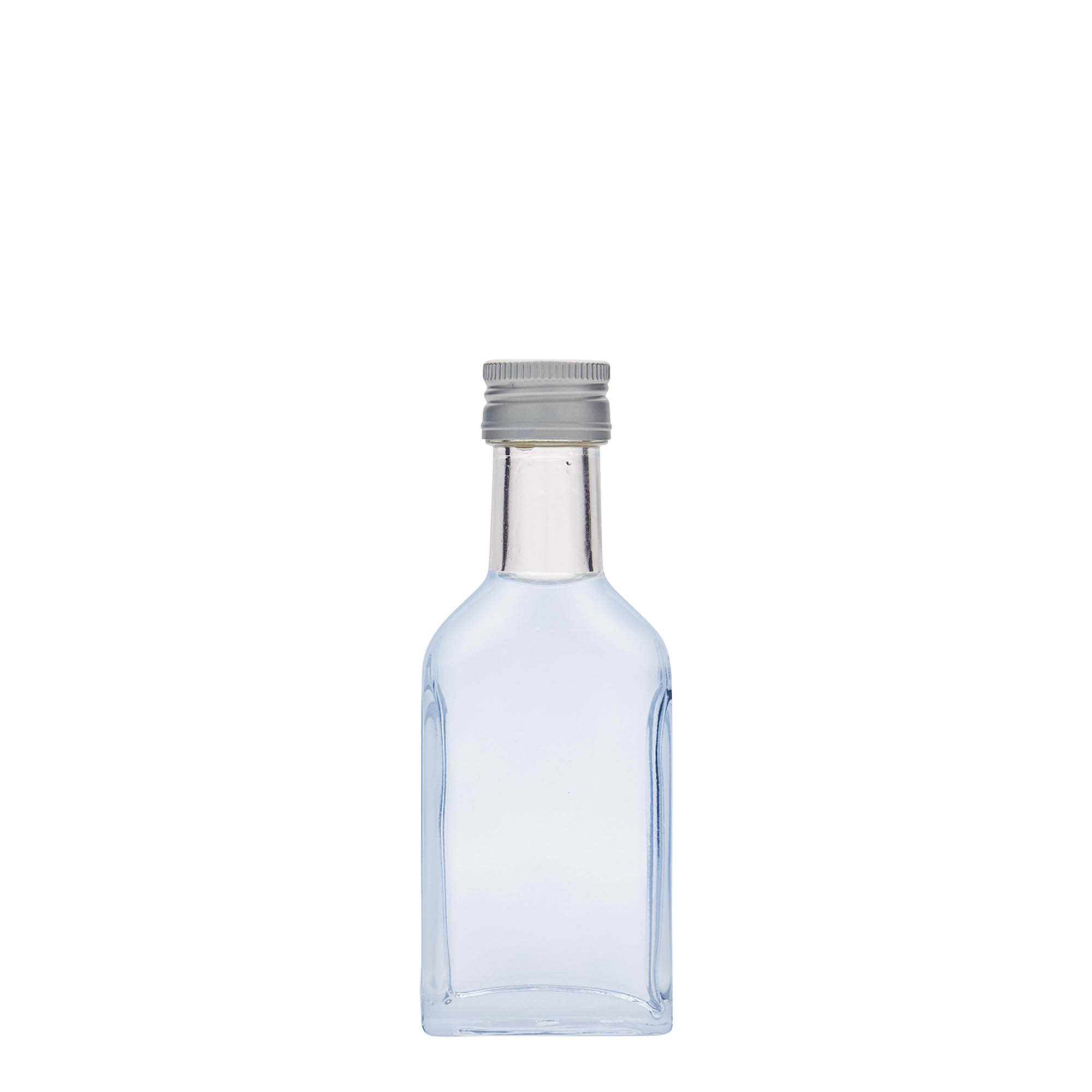 Botella de bolsillo de 40 ml, cuello largo, rectangular, vidrio, boca: PP 22 Botella de bolsillo de 40 ml, cuello largo, rectangular, vidrio, boca: PP 22