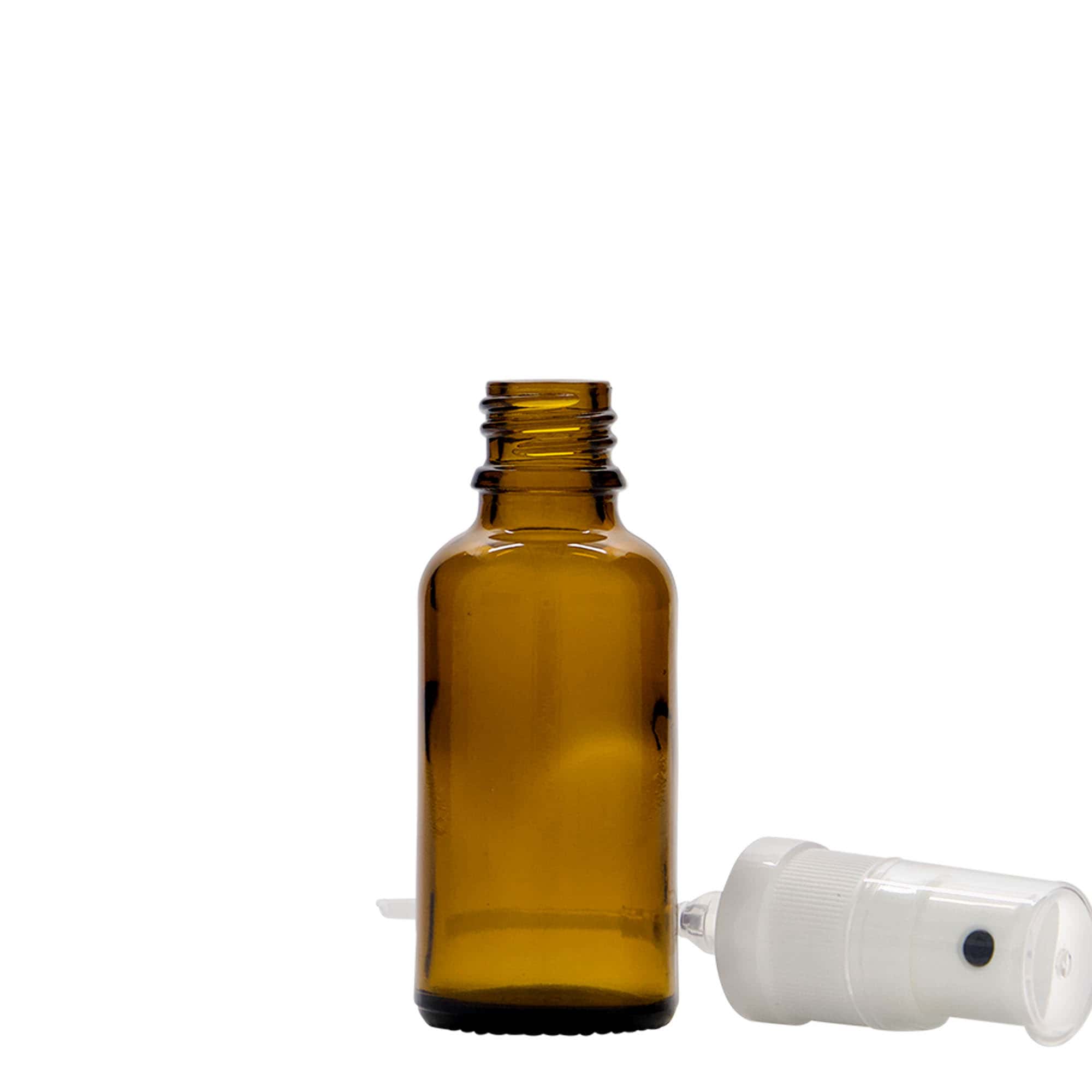 30 ml botella de spray medicina, vidrio, marrón, boca: DIN 18