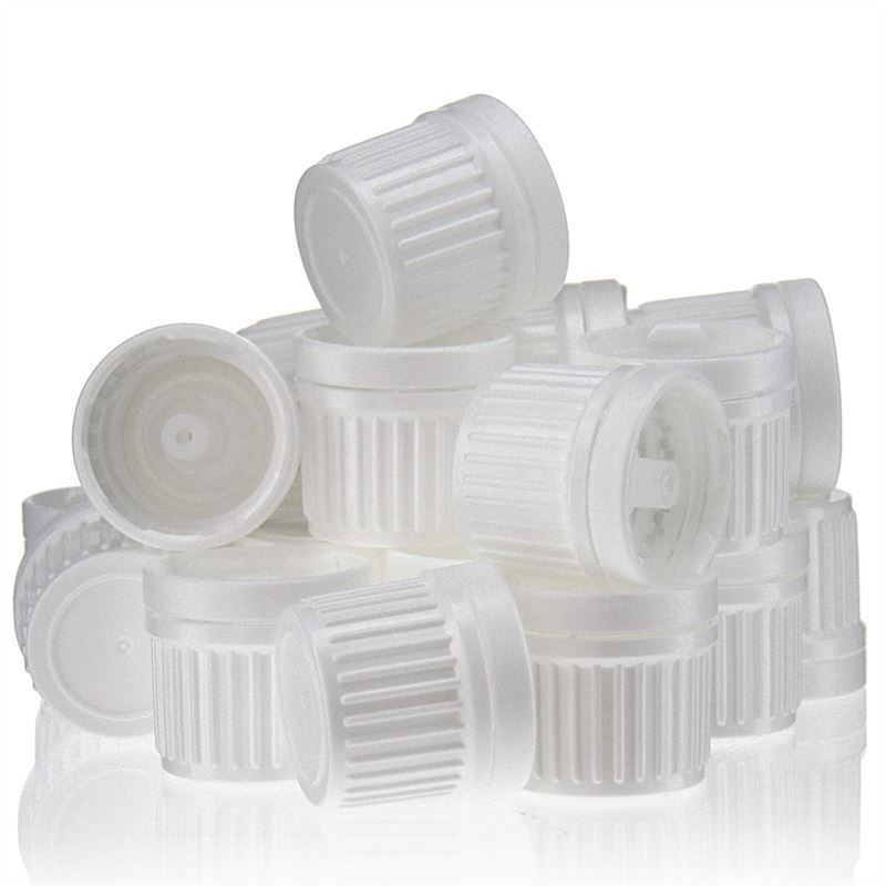 Tapón de rosca con inserto cuentagotas, plástico de PE, blanco, para boca: DIN 18