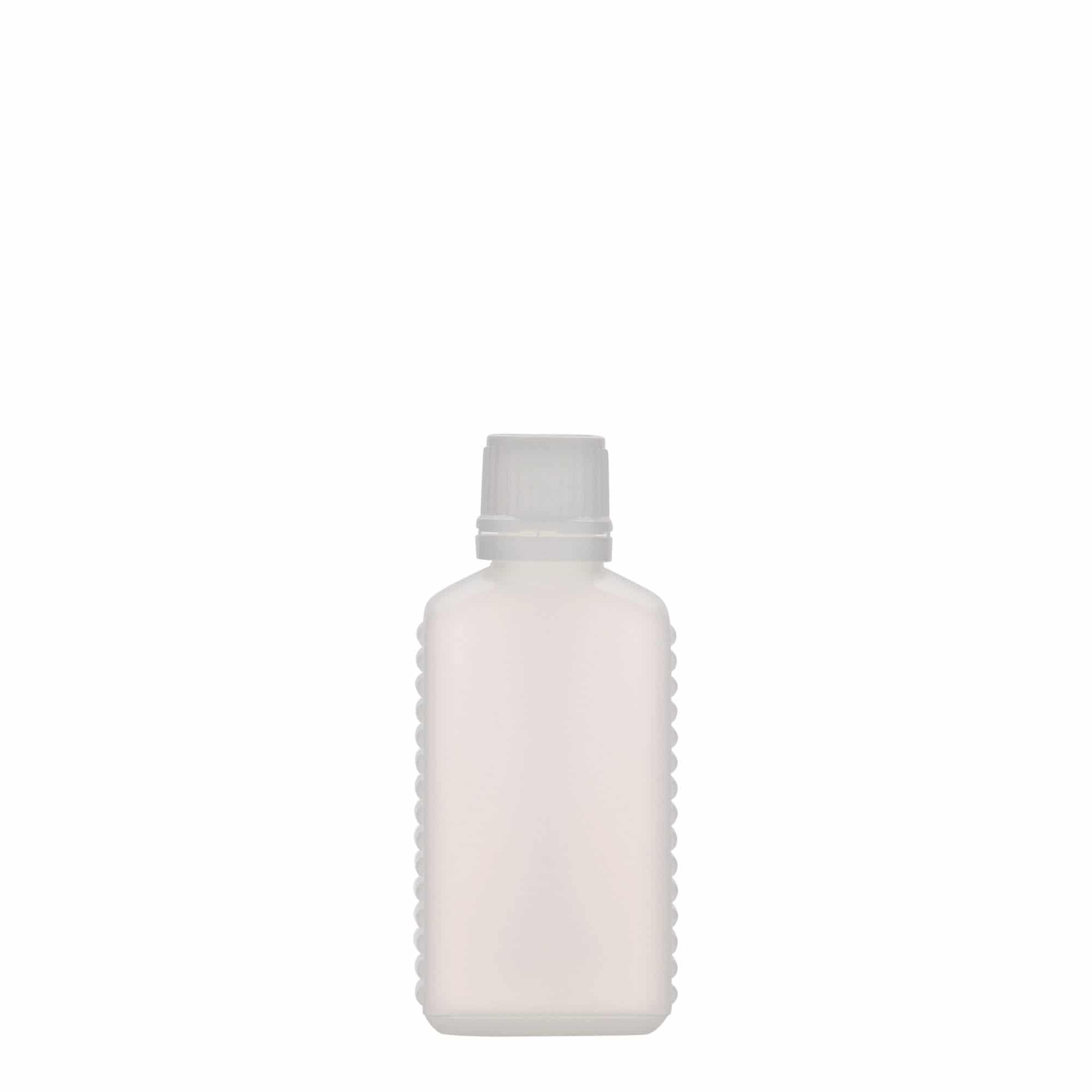 Botella bidón de 50 ml de cuello estrecho, rectangular, plástico de HDPE, natural, boca: DIN 18
