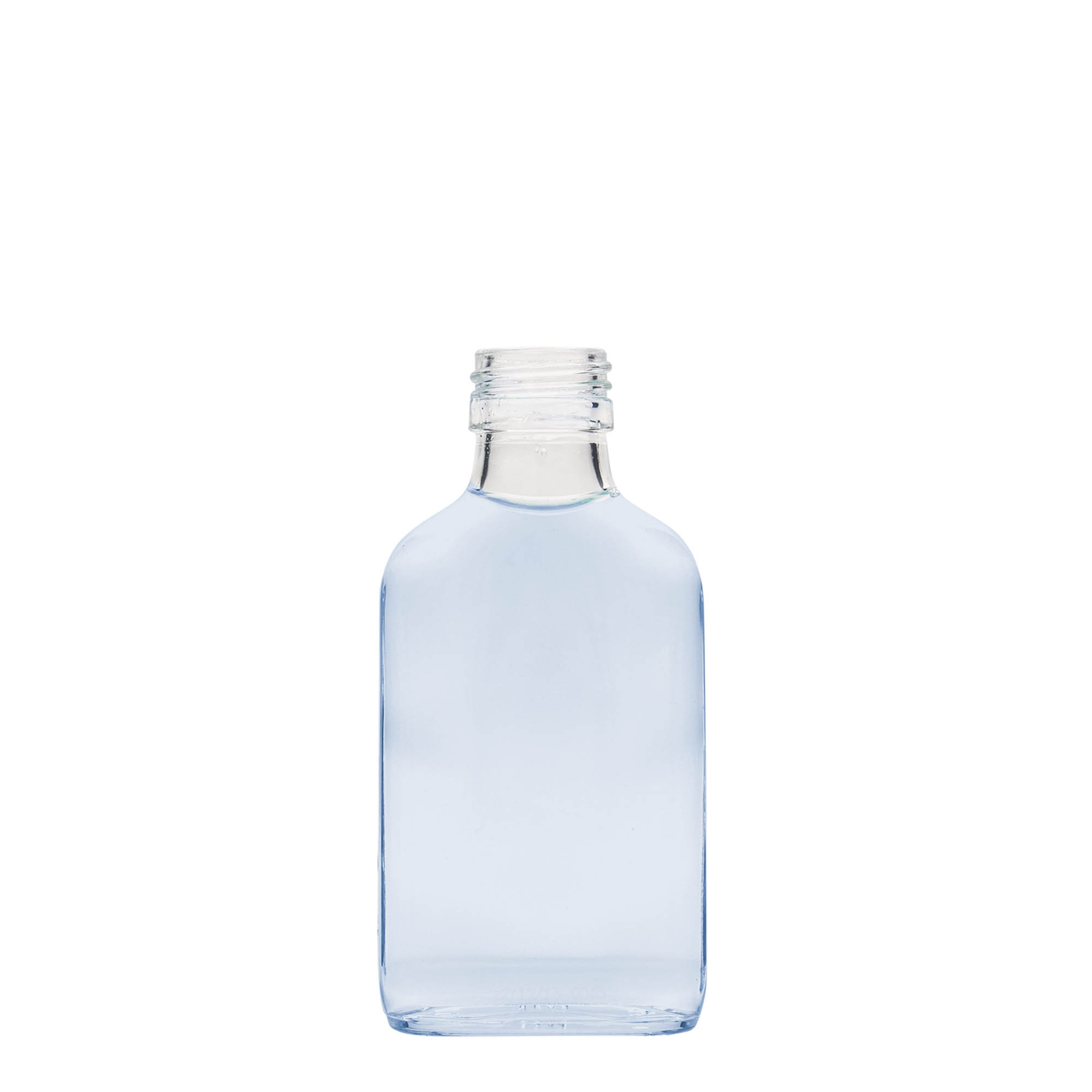Botella de bolsillo de 100 ml, rectangular, vidrio, boca: PP 28 Botella de bolsillo de 100 ml, rectangular, vidrio, boca: PP 28