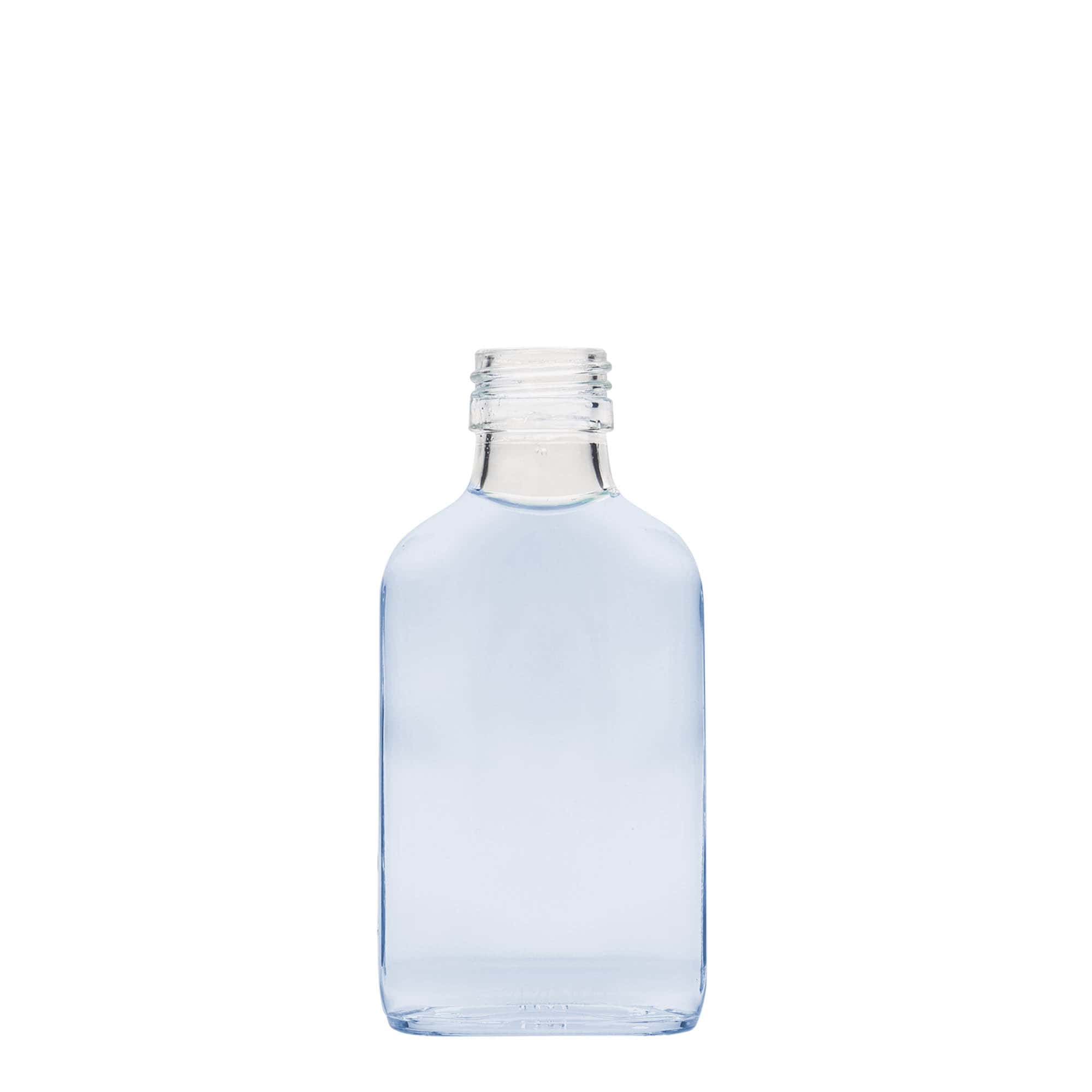Botella de bolsillo de 100 ml, rectangular, vidrio, boca: PP 28 Botella de bolsillo de 100 ml, rectangular, vidrio, boca: PP 28