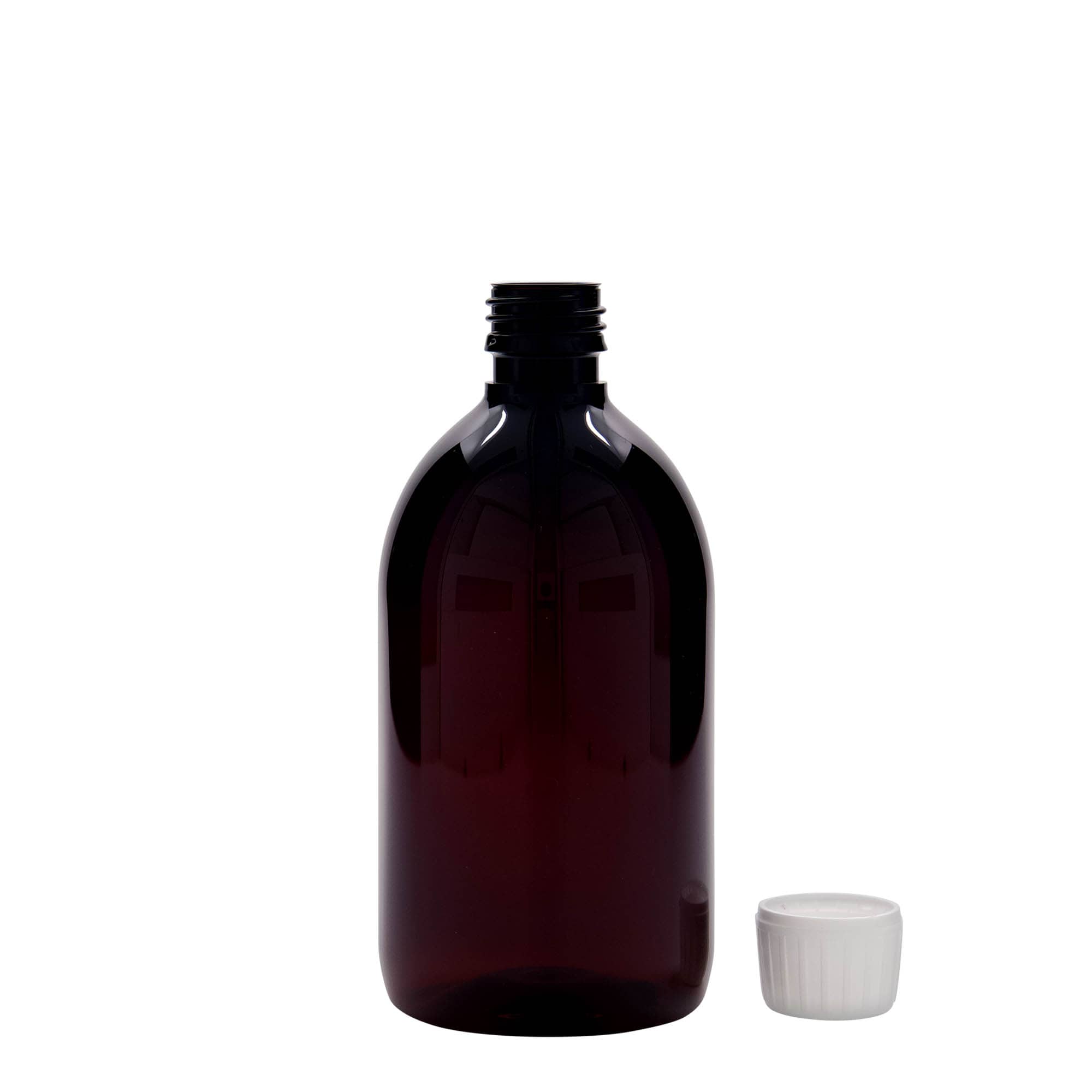 Botella médica PET de 500 ml, marrón, plástico, boca: PP 28
