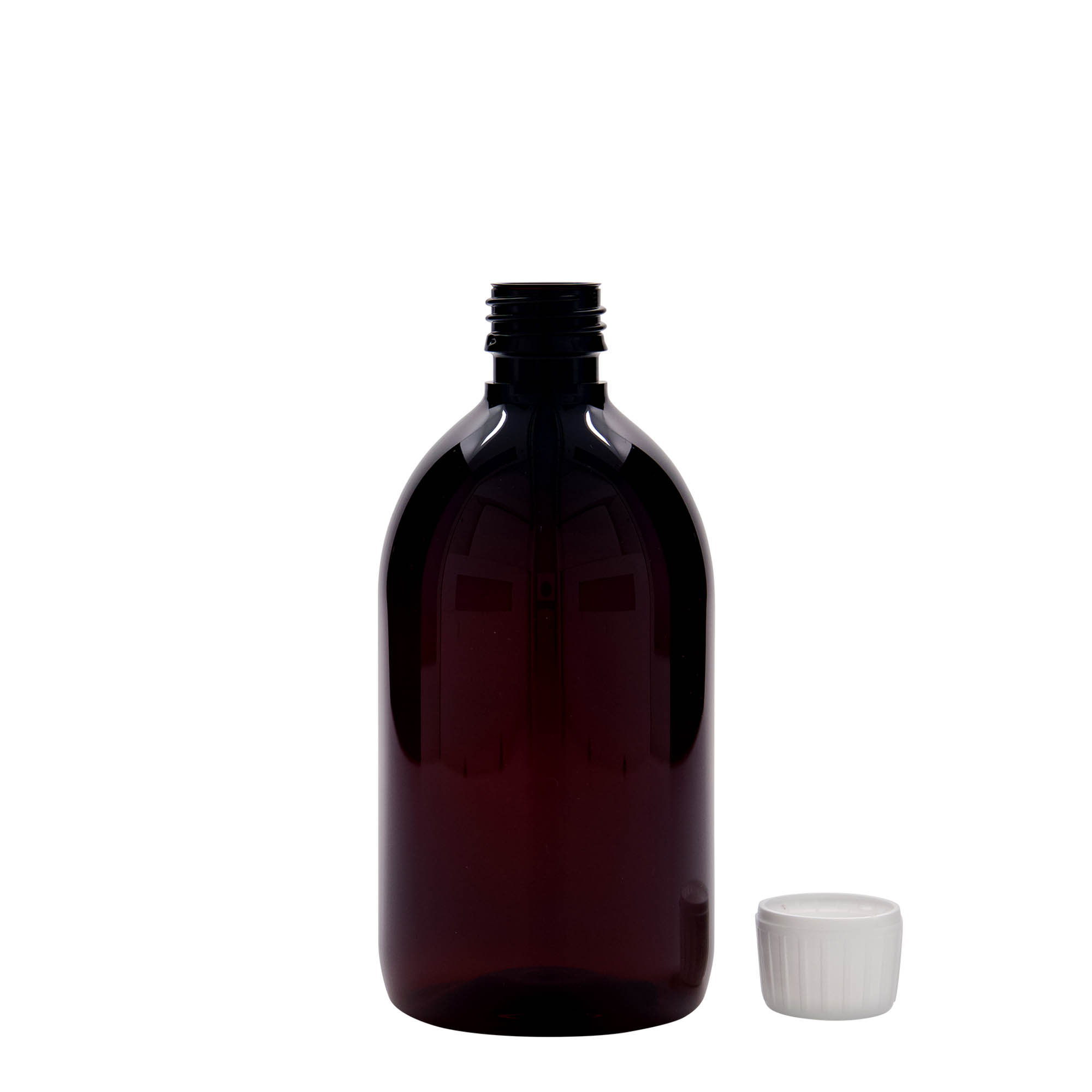 Botella médica PET de 500 ml, marrón, plástico, boca: PP 28 Botella médica PET de 500 ml, marrón, plástico, boca: PP 28