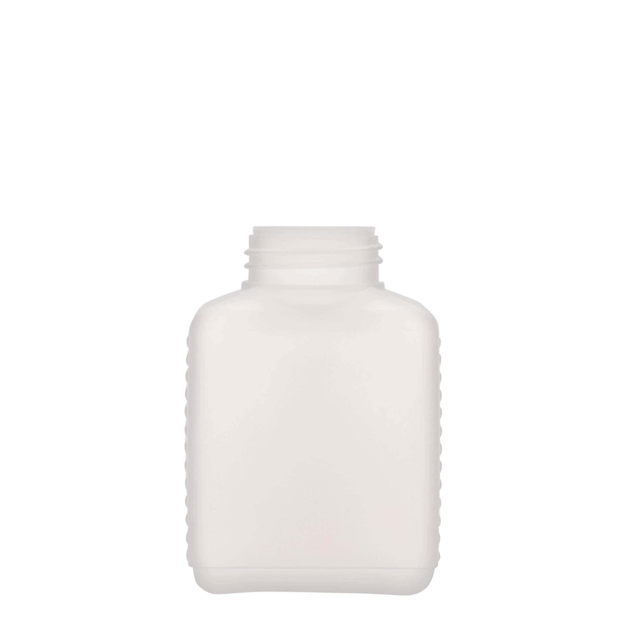Botella de cuello ancho de 250 ml, rectangular, plástico de HDPE, natural, boca: DIN 40 EPE