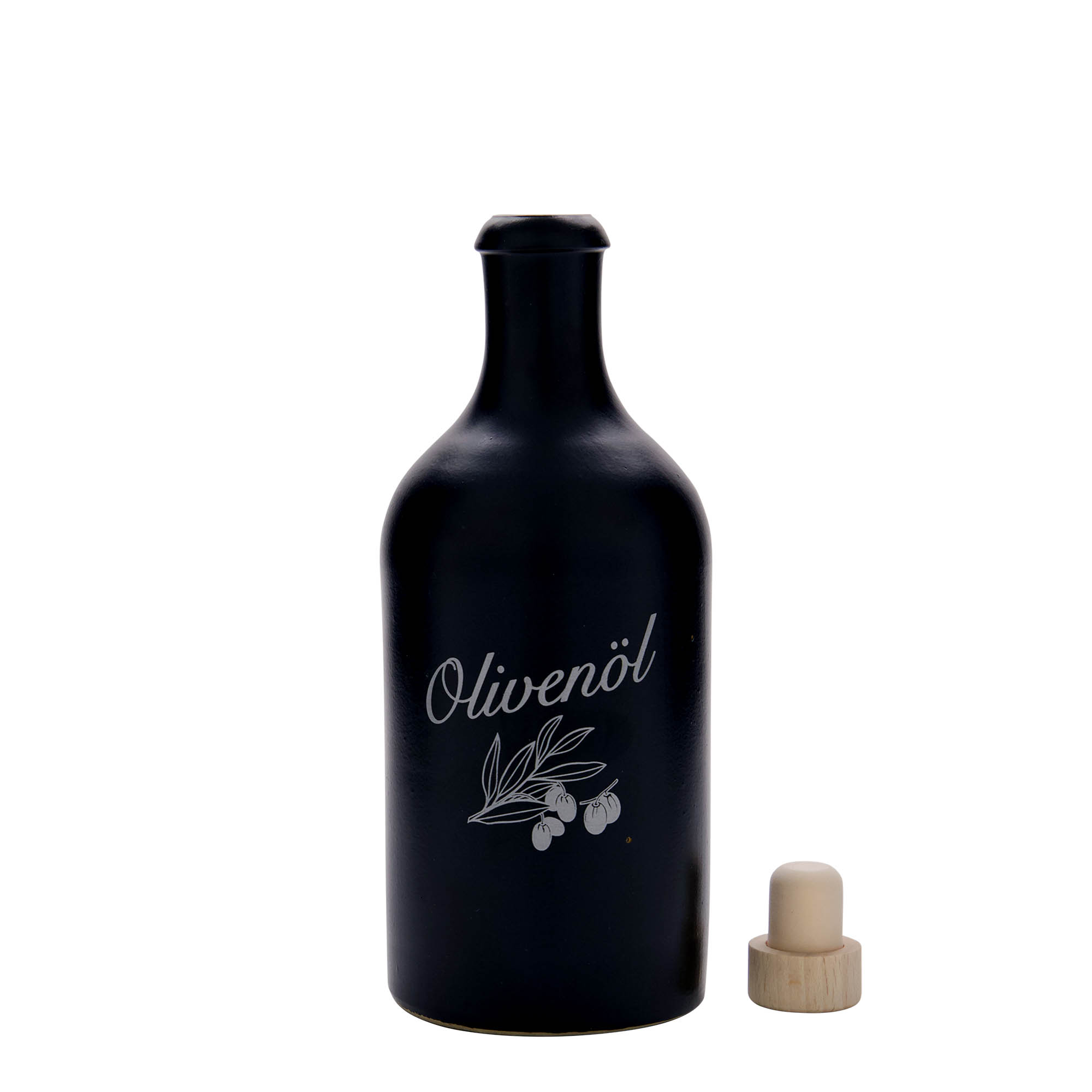 Jarra de barro de 500 ml, motivo: aceite de oliva, gres, negro, boca: corcho