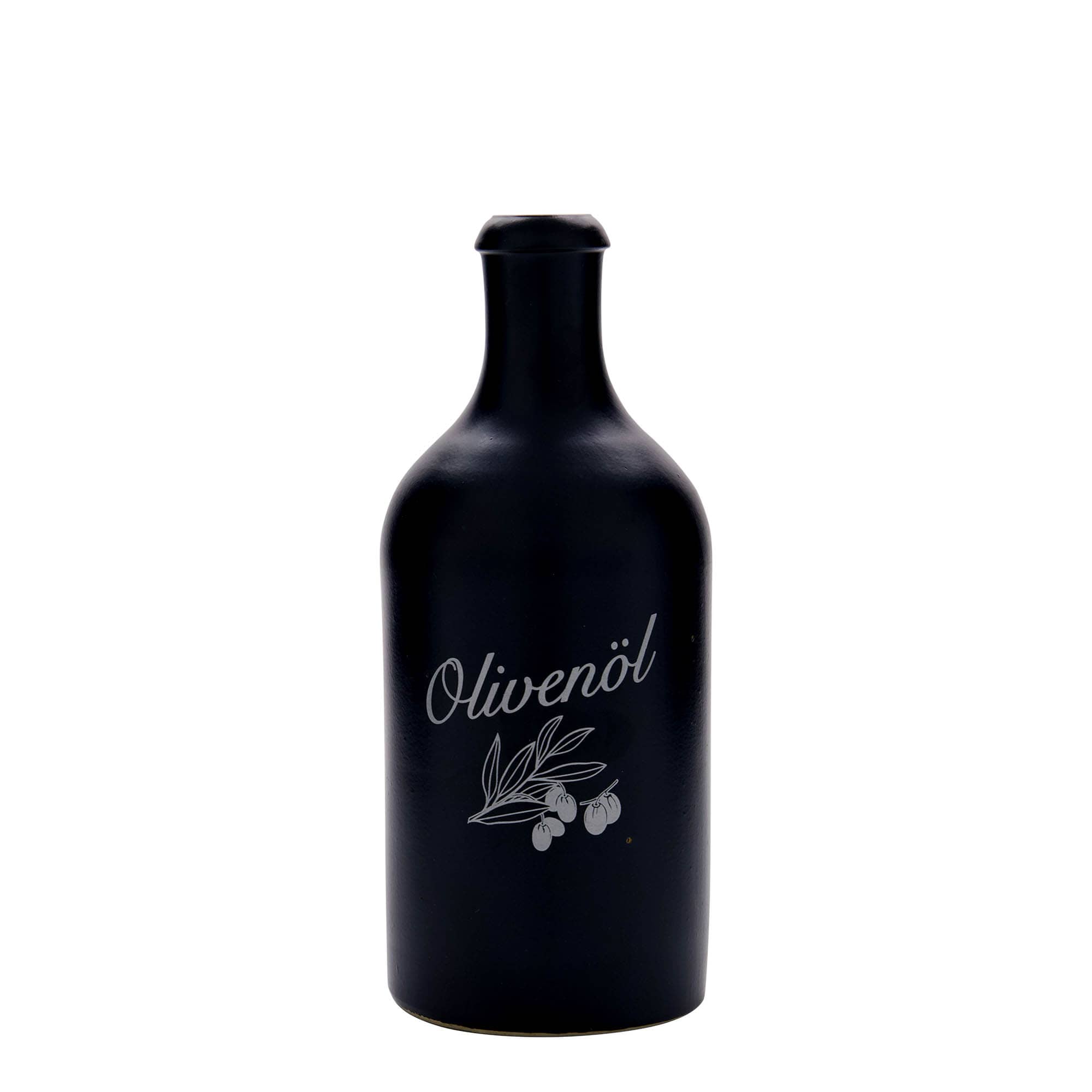 Jarra de barro de 500 ml, motivo: aceite de oliva, gres, negro, boca: corcho