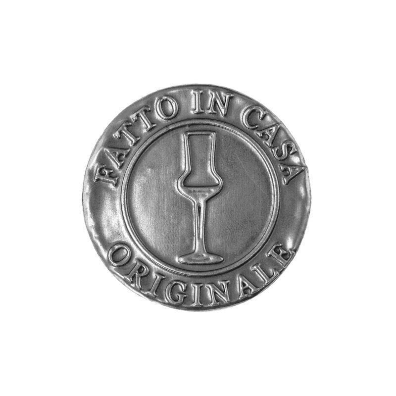 Etiqueta de estaño 'Fatto in Casa', redonda, metálica, plateada Etiqueta de estaño 'Fatto in Casa', redonda, metálica, plateada