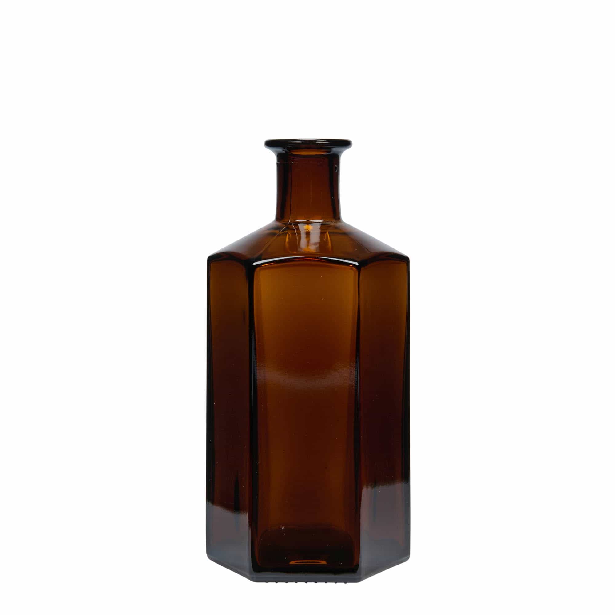 Botella de vidrio de farmacia 'Jimmy' de 500 ml. hexagonal. marrón. boca: corcho Botella de vidrio de farmacia 'Jimmy' de 500 ml. hexagonal. marrón. boca: corcho