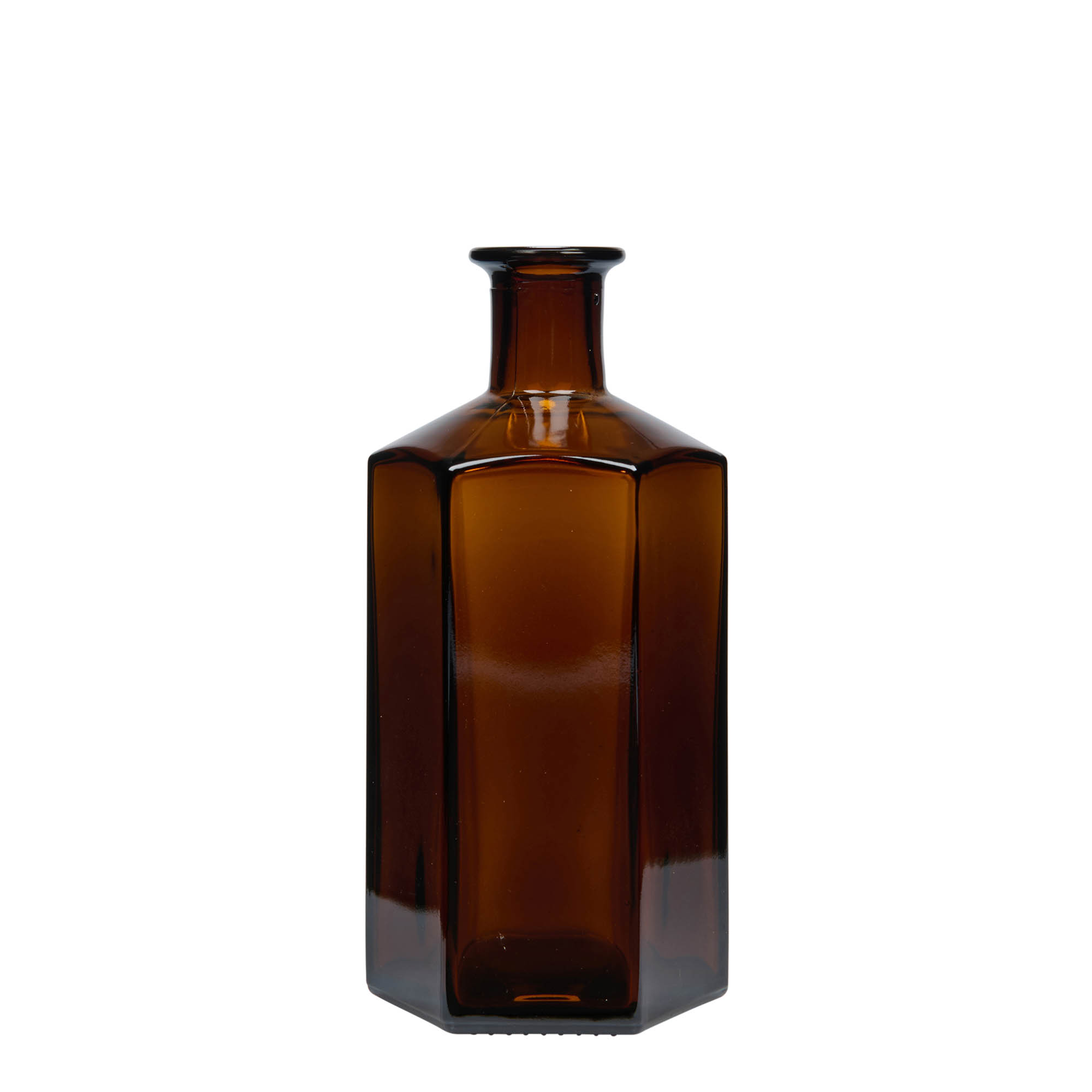 Botella de vidrio de 500 ml Farmacéutico 'Jimmy', hexagonal, marrón, boca: corcho Botella de vidrio de 500 ml Farmacéutico 'Jimmy', hexagonal, marrón, boca: corcho