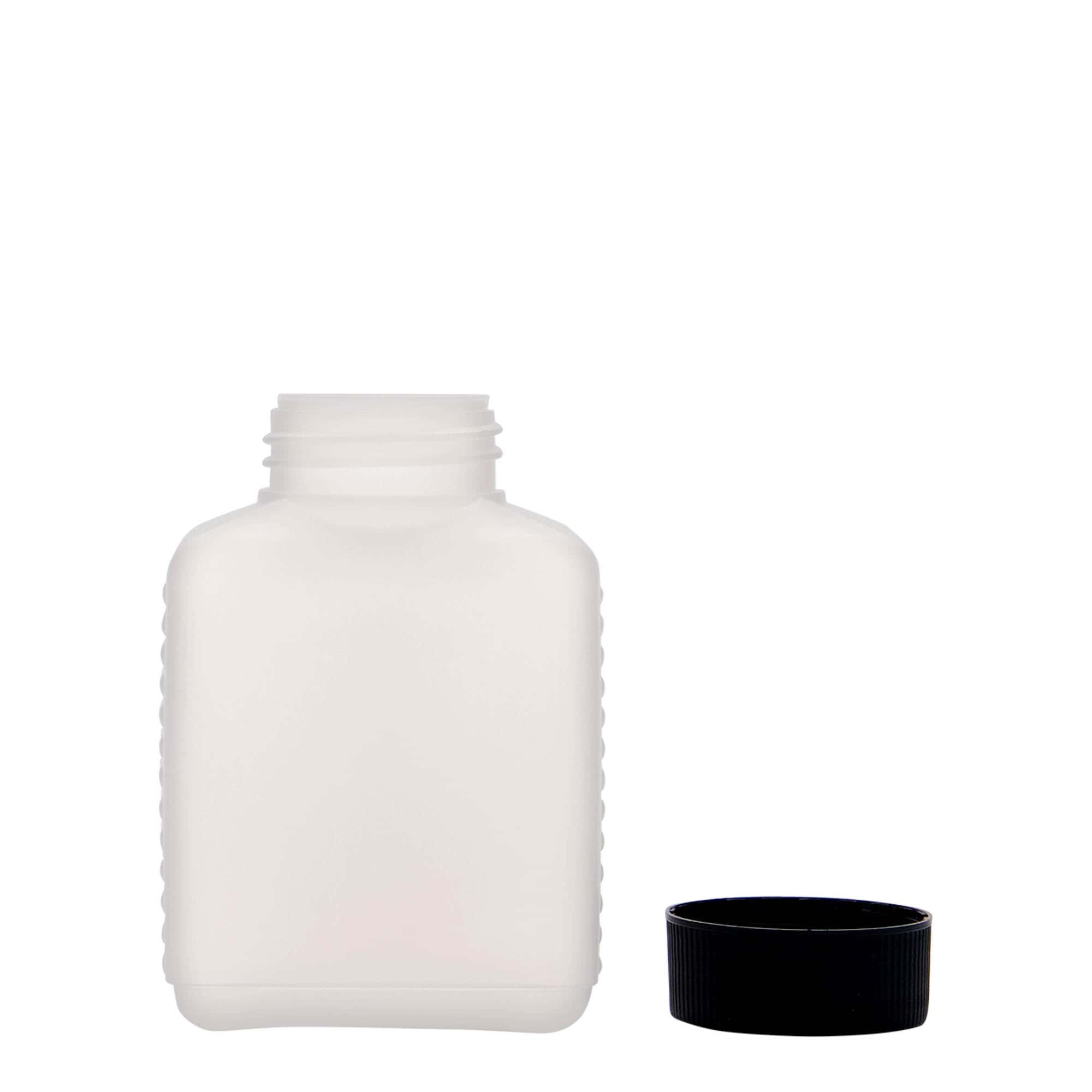 Botella de cuello ancho de 250 ml, rectangular, plástico de HDPE, natural, boca: DIN 40 EPE