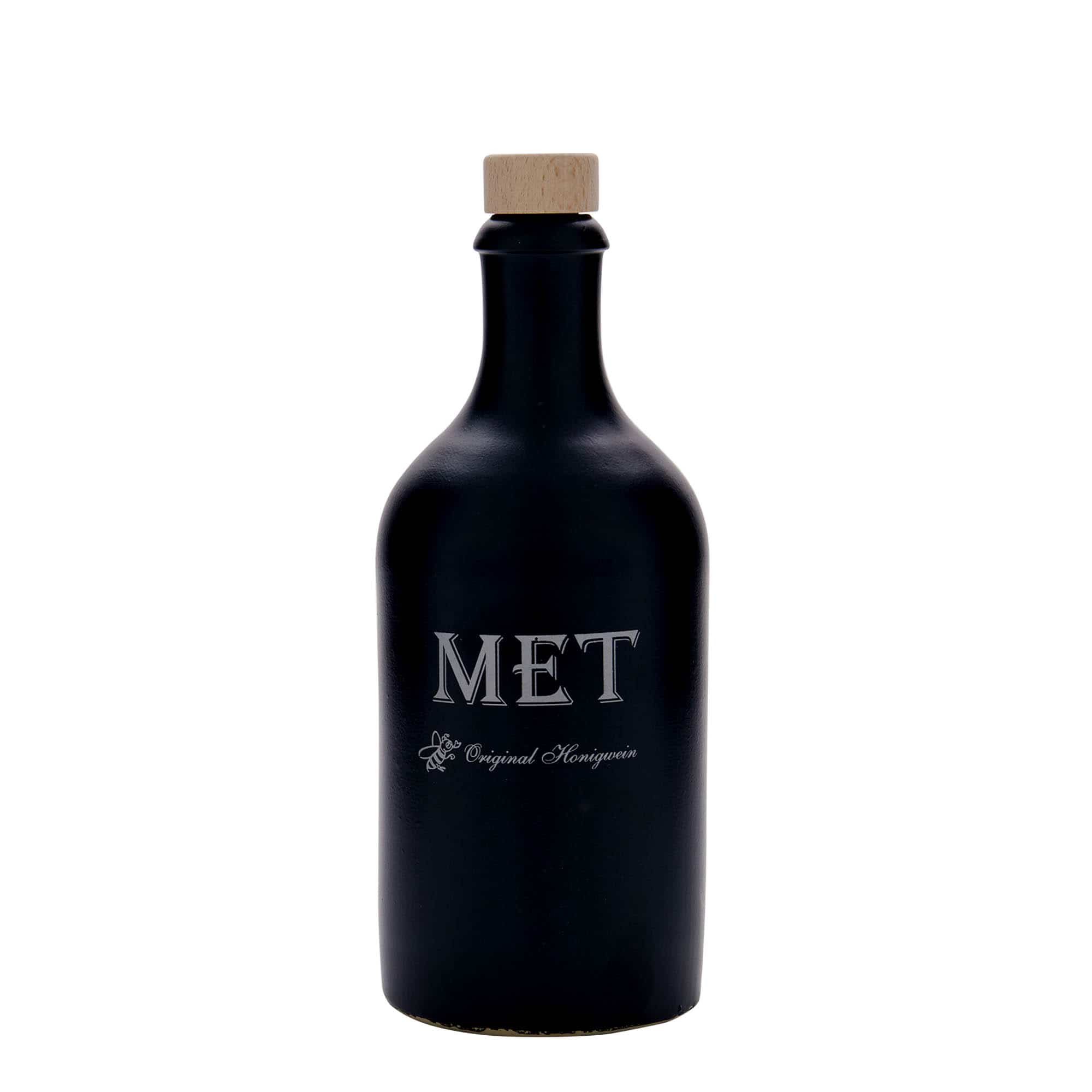 Jarra de barro de 500 ml, motivo: hidromiel, gres, negro, boca: corcho