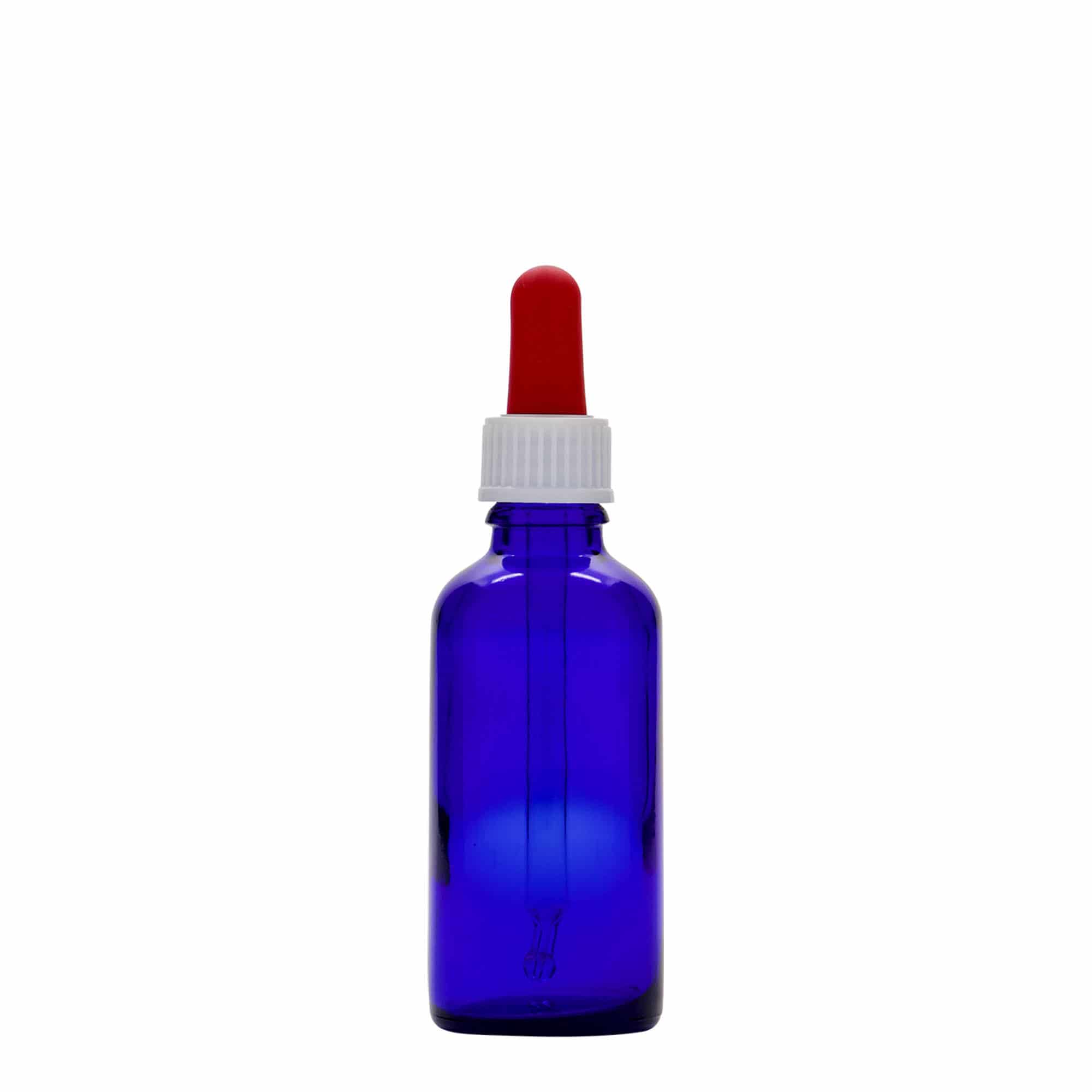 50 ml Frasco cuentagotas medicina, vidrio, azul real-rojo, boca: DIN 18