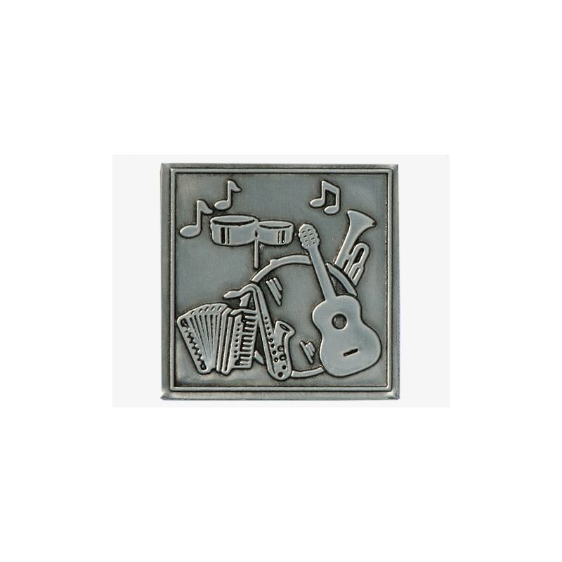 Etiqueta de estaño 'Música', cuadrada, metálica, plateada Etiqueta de estaño 'Música', cuadrada, metálica, plateada