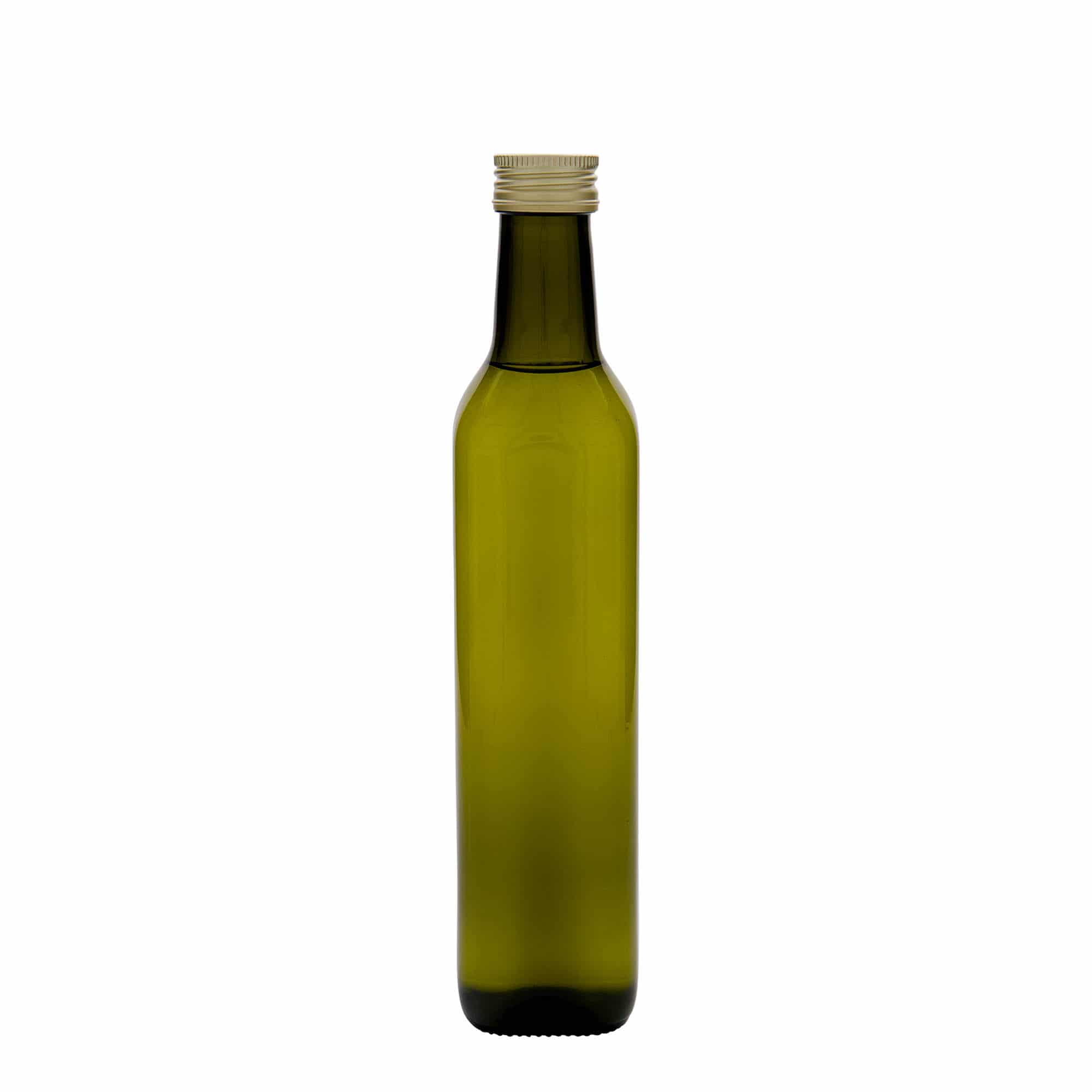 Botella de vidrio de 500 ml «Marasca», cuadrada, verde antiguo, boca: PP 31,5
