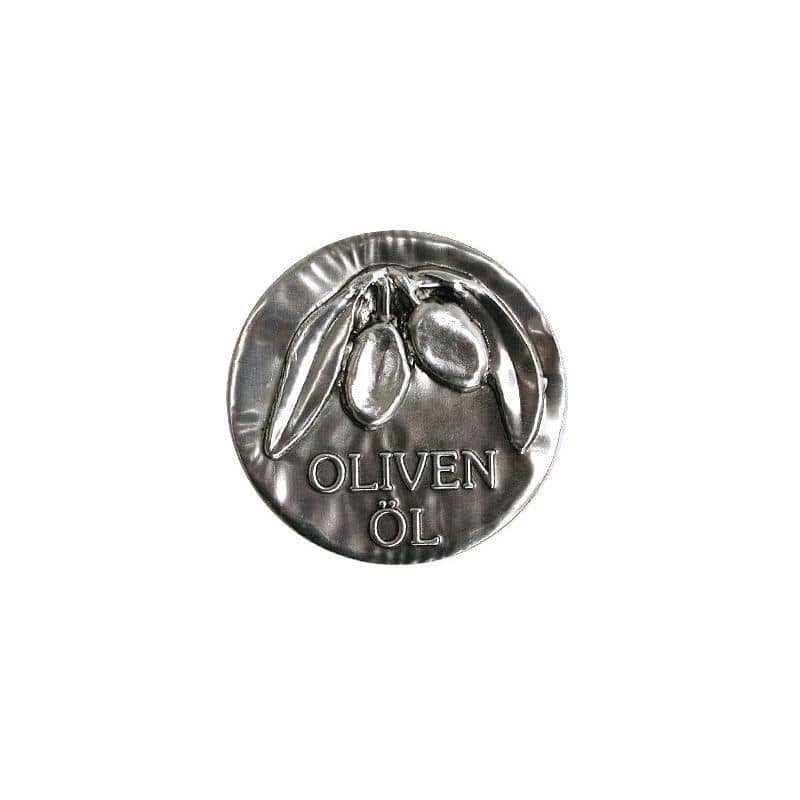Etiqueta de estaño 'Aceite de oliva', metal, plateado Etiqueta de estaño 'Aceite de oliva', metal, plateado