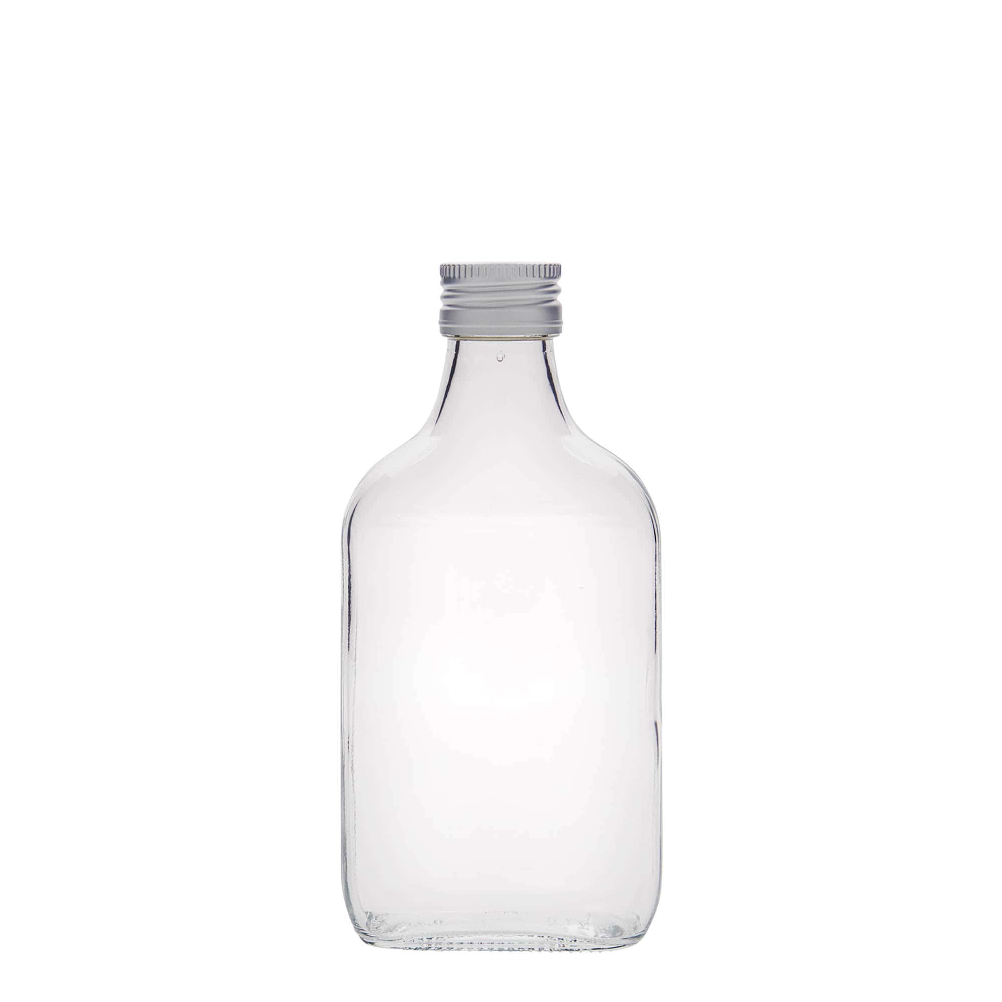 Botella de bolsillo de 200 ml, rectangular, vidrio, boca: PP 28