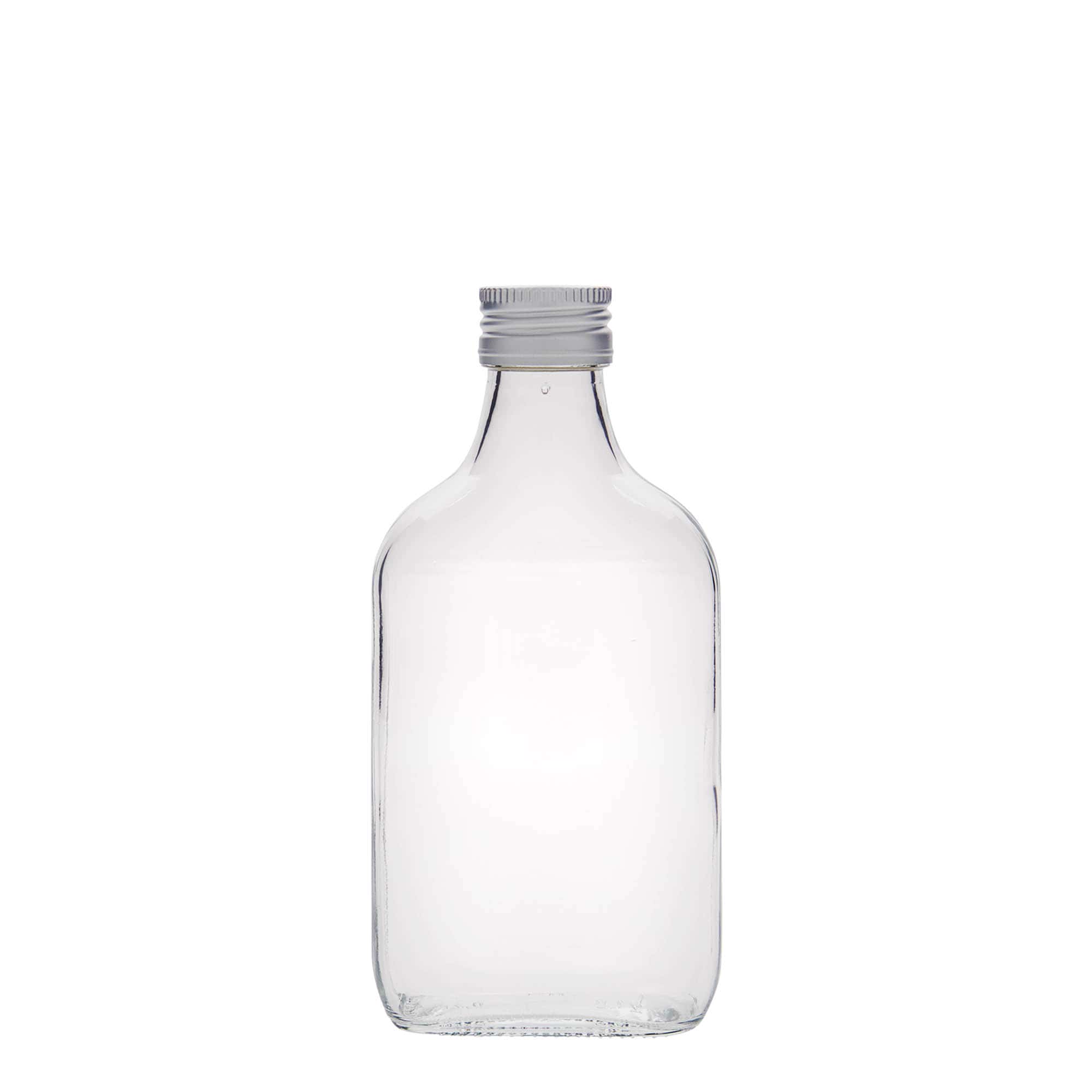 Botella de bolsillo de 200 ml, rectangular, vidrio, boca: PP 28