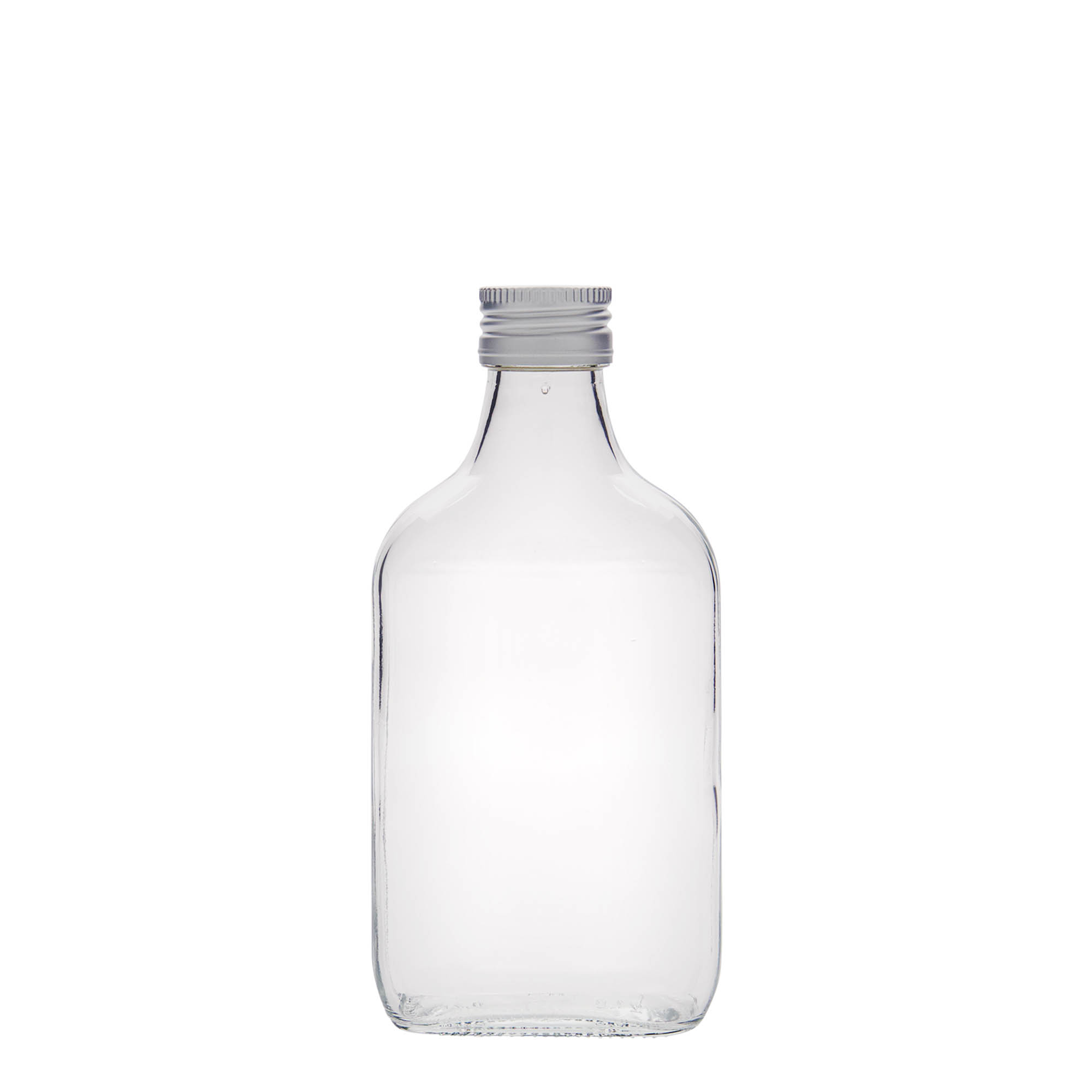 Botella de bolsillo de 200 ml, rectangular, vidrio, boca: PP 28
