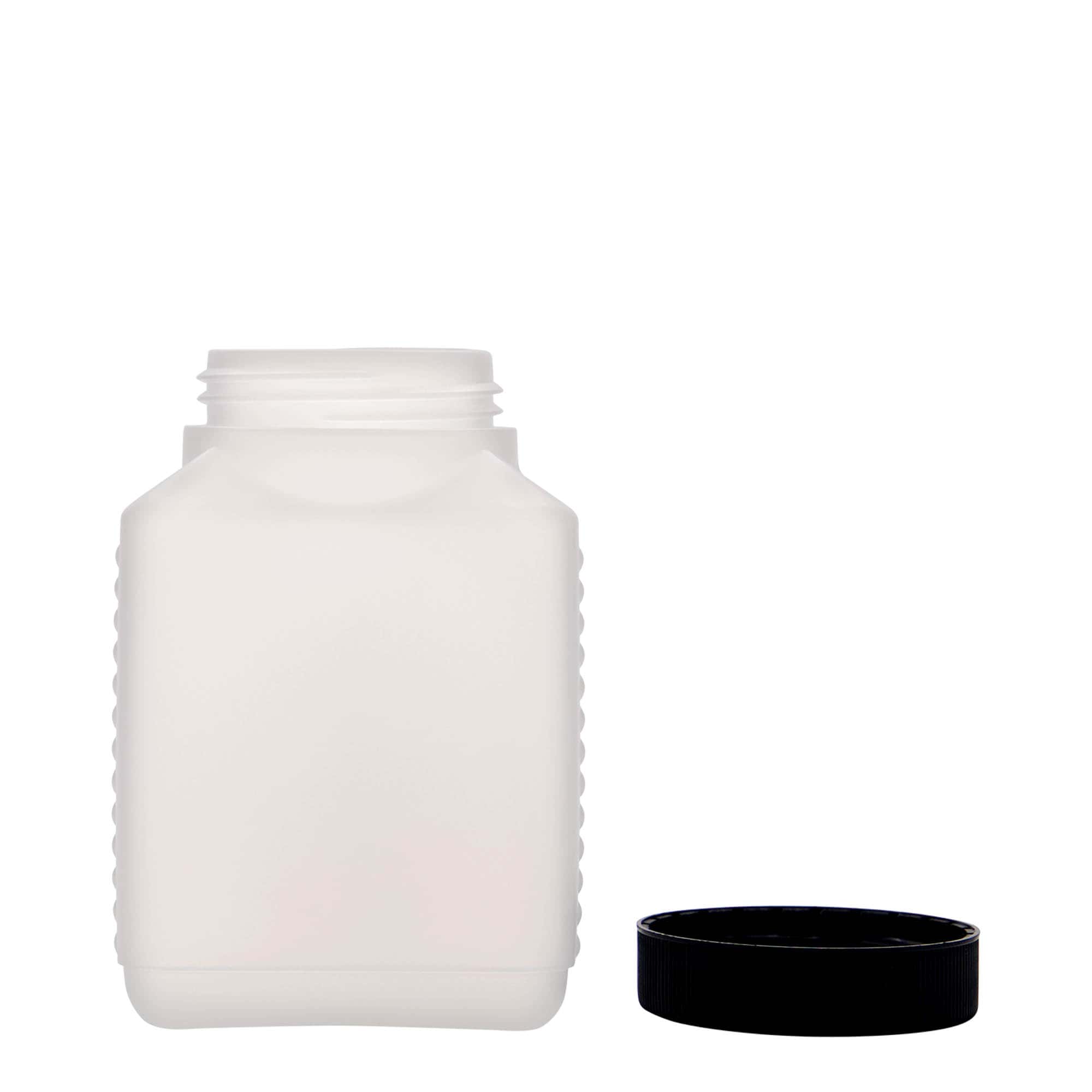 Botella de cuello ancho de 500 ml, rectangular, plástico de HDPE, natural, boca: DIN 60 EPE