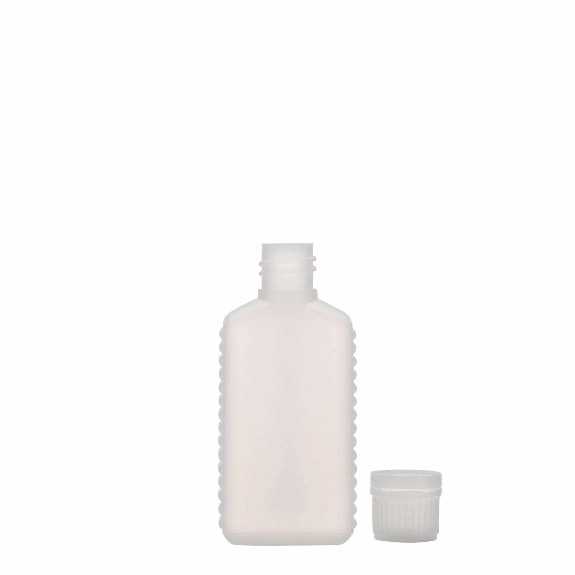 Botella de bidón de 50 ml, cuello estrecho, rectangular, plástico HDPE, natural, boca: DIN 18