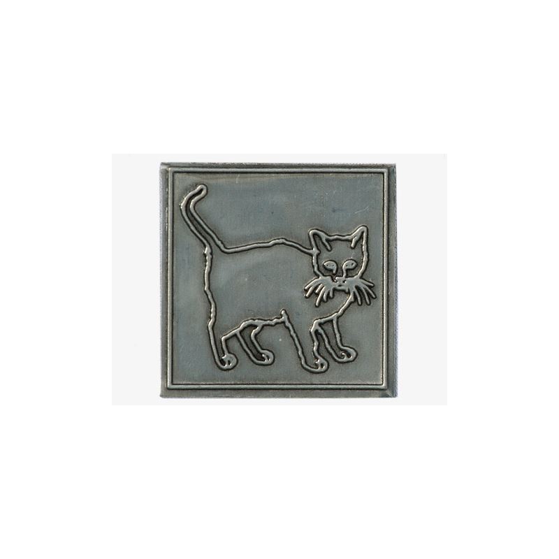 Etiqueta de estaño 'Gato', cuadrada, metal, plateado Etiqueta de estaño 'Gato', cuadrada, metal, plateado