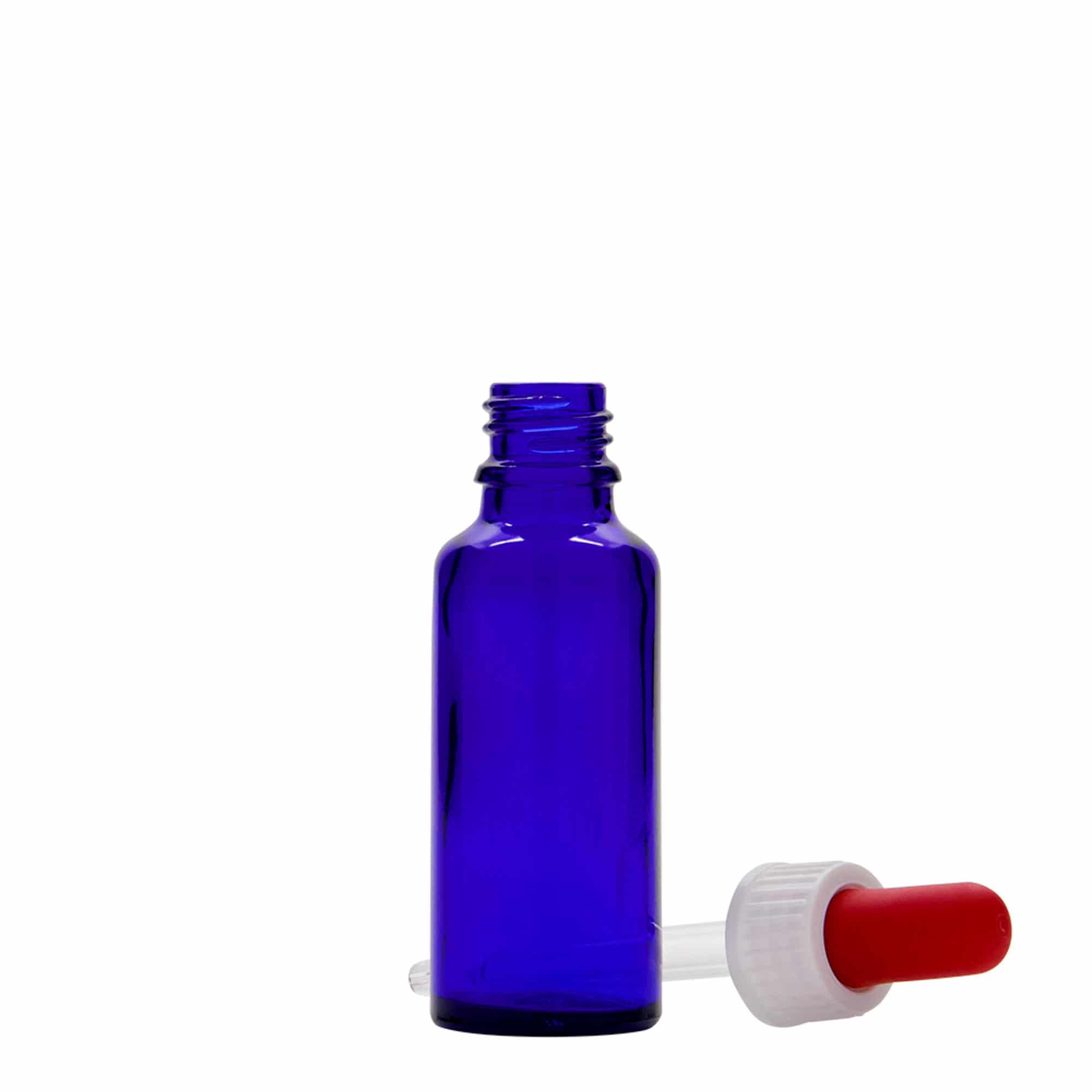 Frasco cuentagotas de medicamentos de 30 ml, vidrio, azul real-rojo, boca: DIN 18