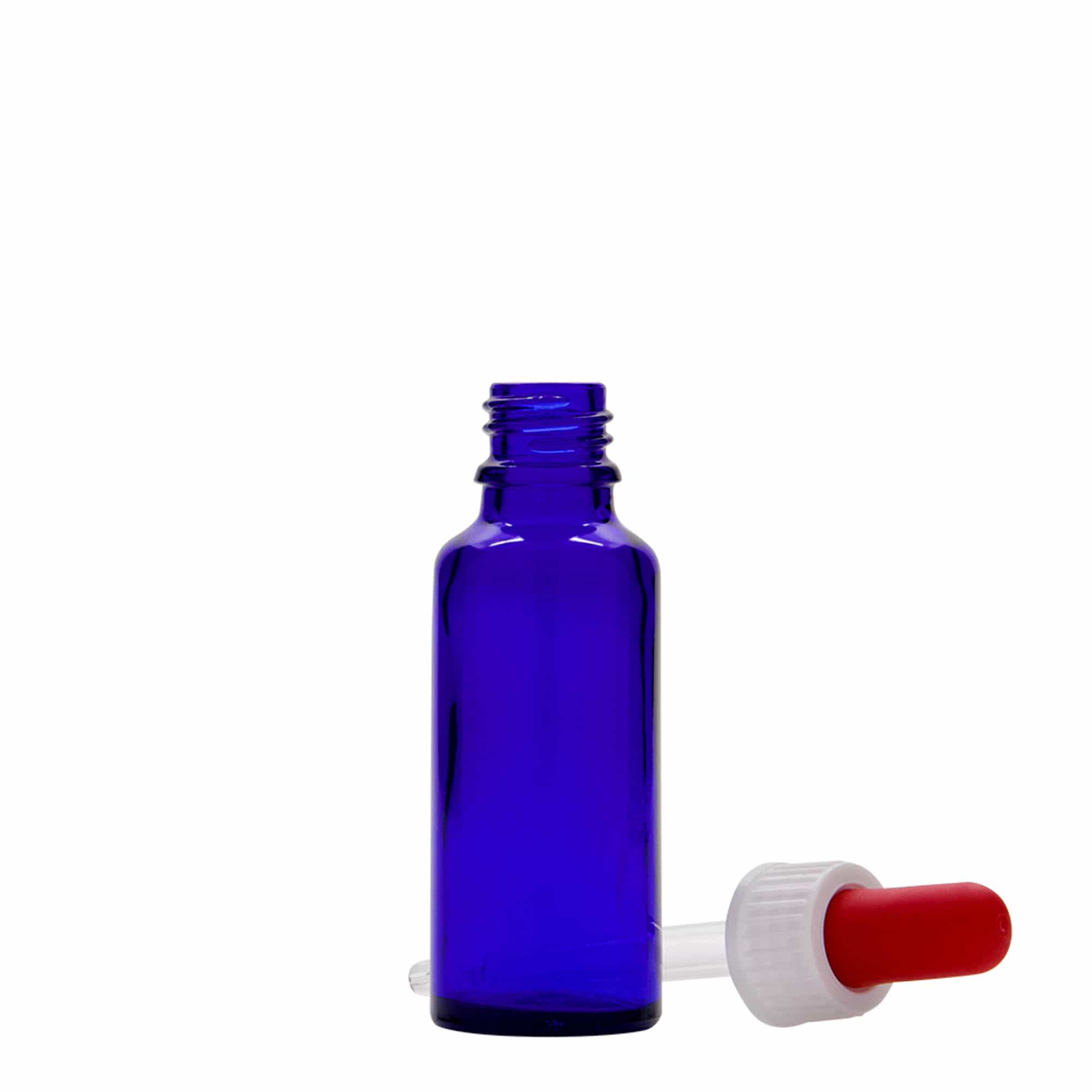 Botella cuentagotas de 30 ml para medicina, vidrio, azul real-rojo, boca: DIN 18 Botella cuentagotas de 30 ml para medicina, vidrio, azul real-rojo, boca: DIN 18
