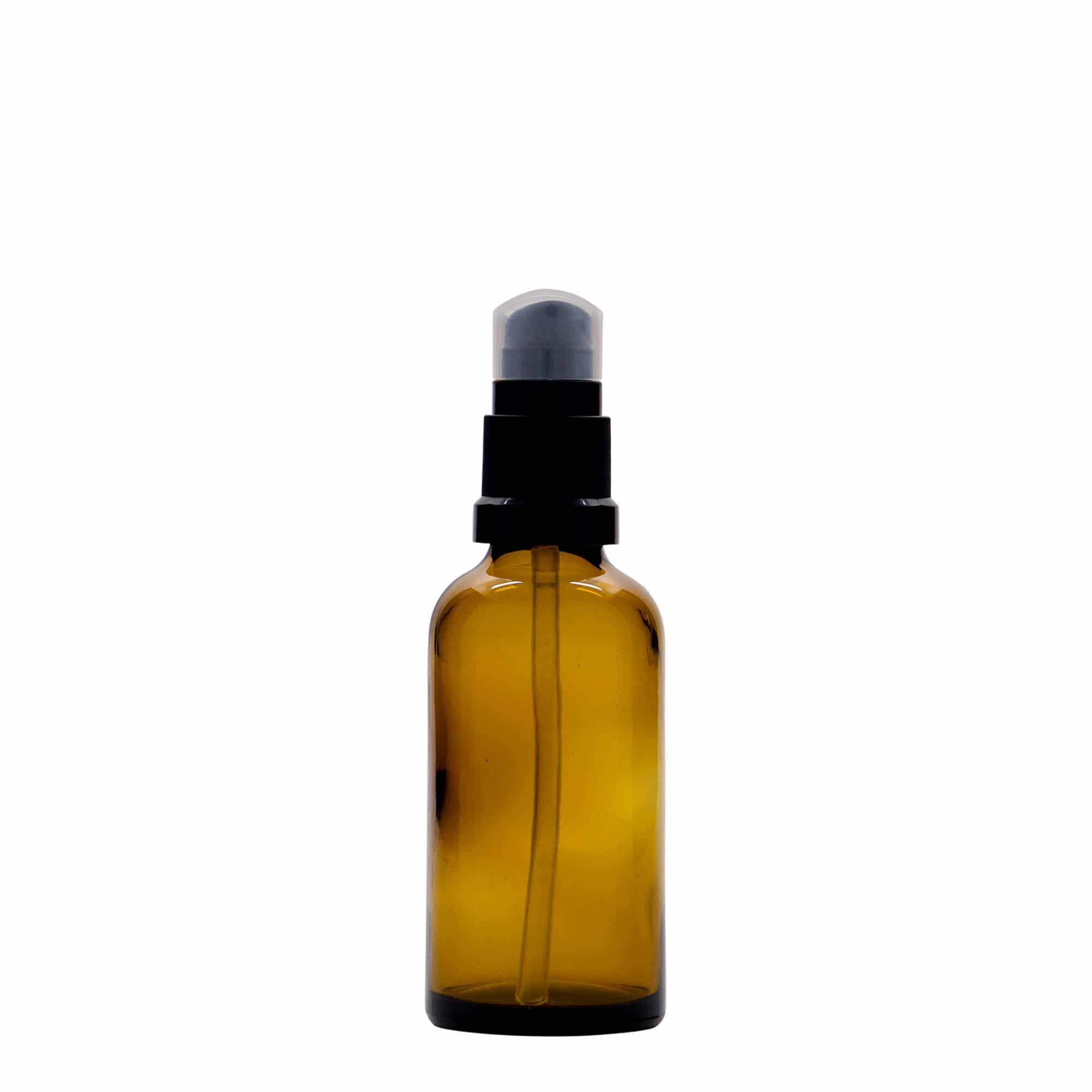 Frasco médico de 50 ml con bomba dosificadora para loción, vidrio, marrón, boca: DIN 18 Frasco médico de 50 ml con bomba dosificadora para loción, vidrio, marrón, boca: DIN 18
