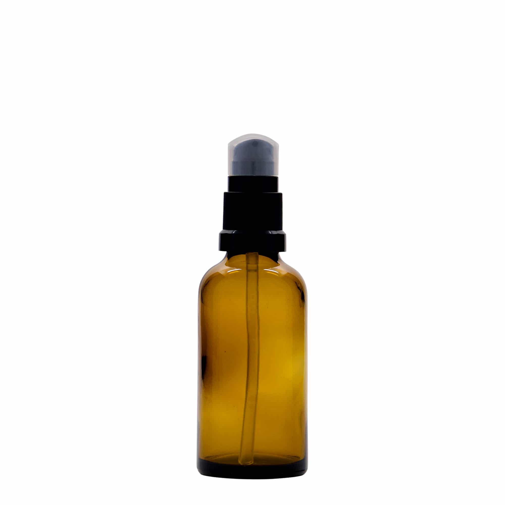 Frasco médico de 50 ml con bomba dosificadora para loción, vidrio, marrón, boca: DIN 18